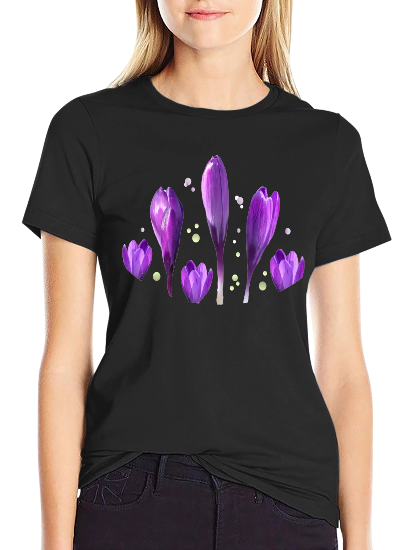 Purple Flower Print Black T-Shirt