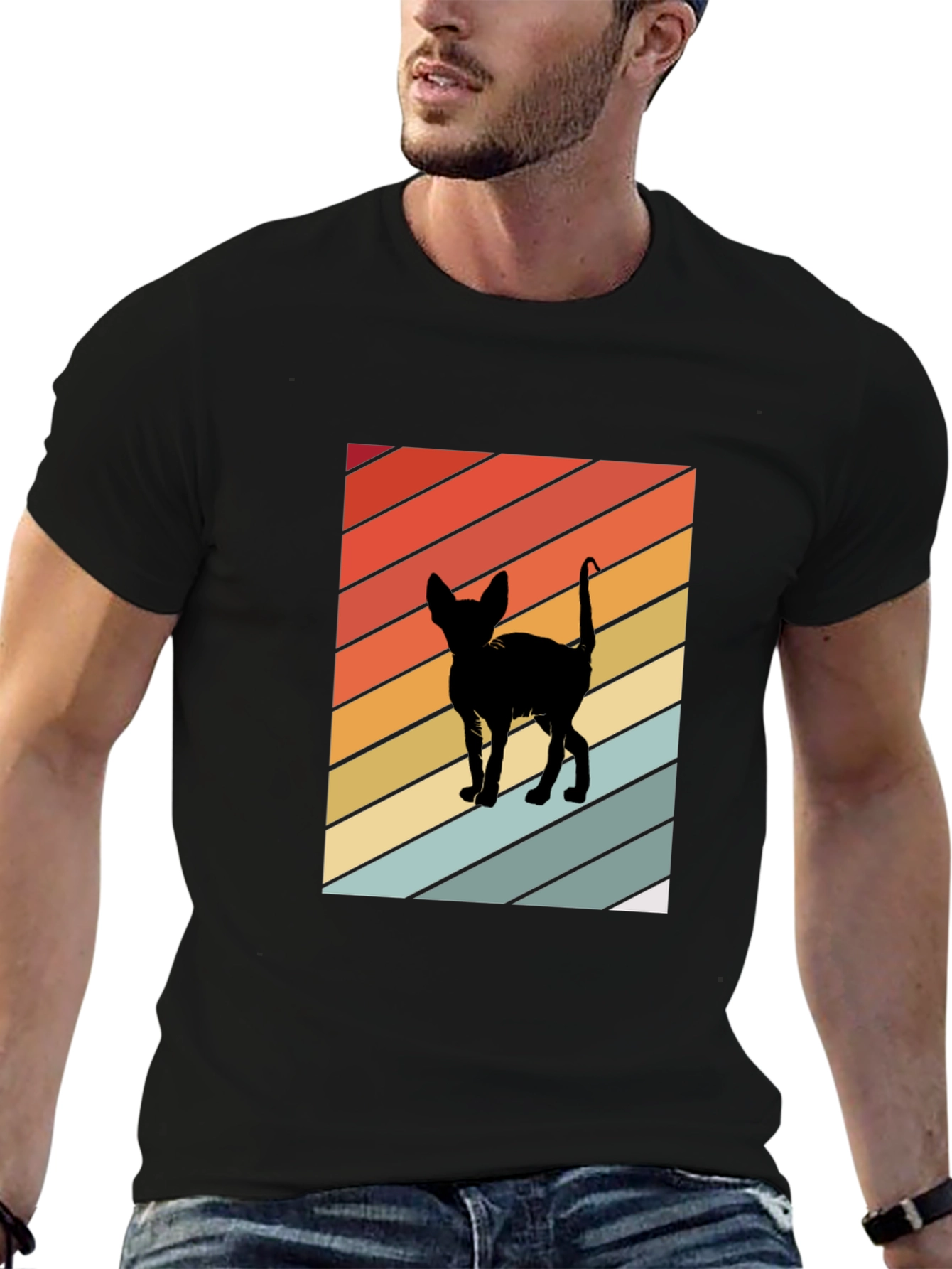 Retro Cat Silhouette Tee - Striped Background