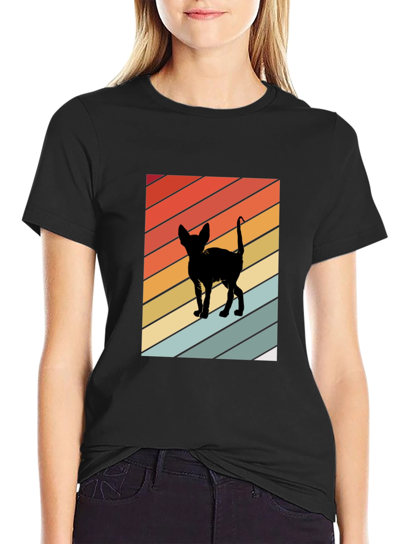 Retro Cat Silhouette Tee - Striped Background