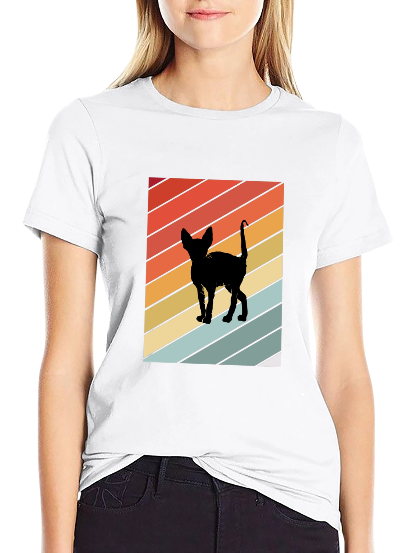 Retro Cat Silhouette Tee - Striped Background