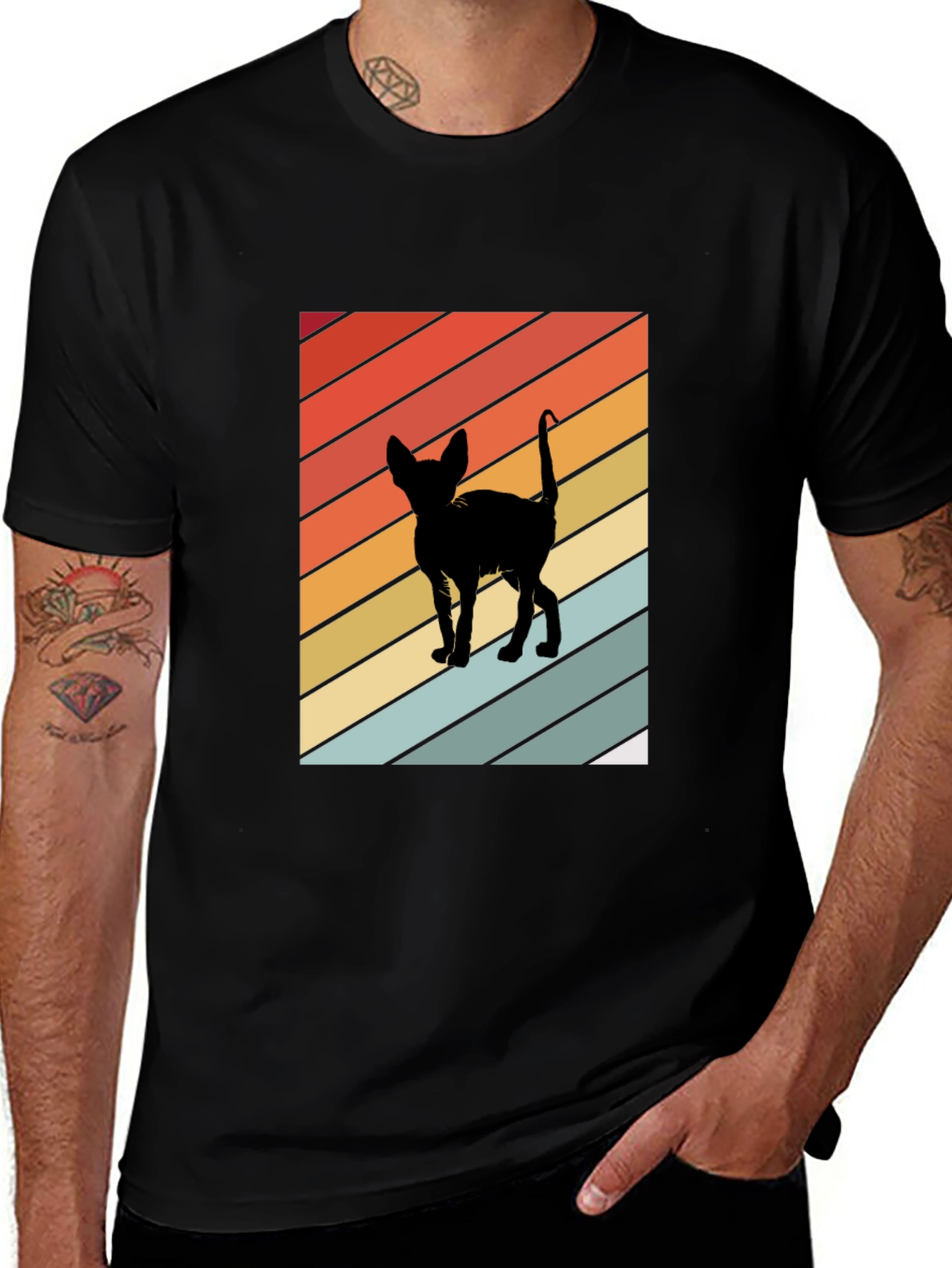 Retro Cat Silhouette Tee - Striped Background