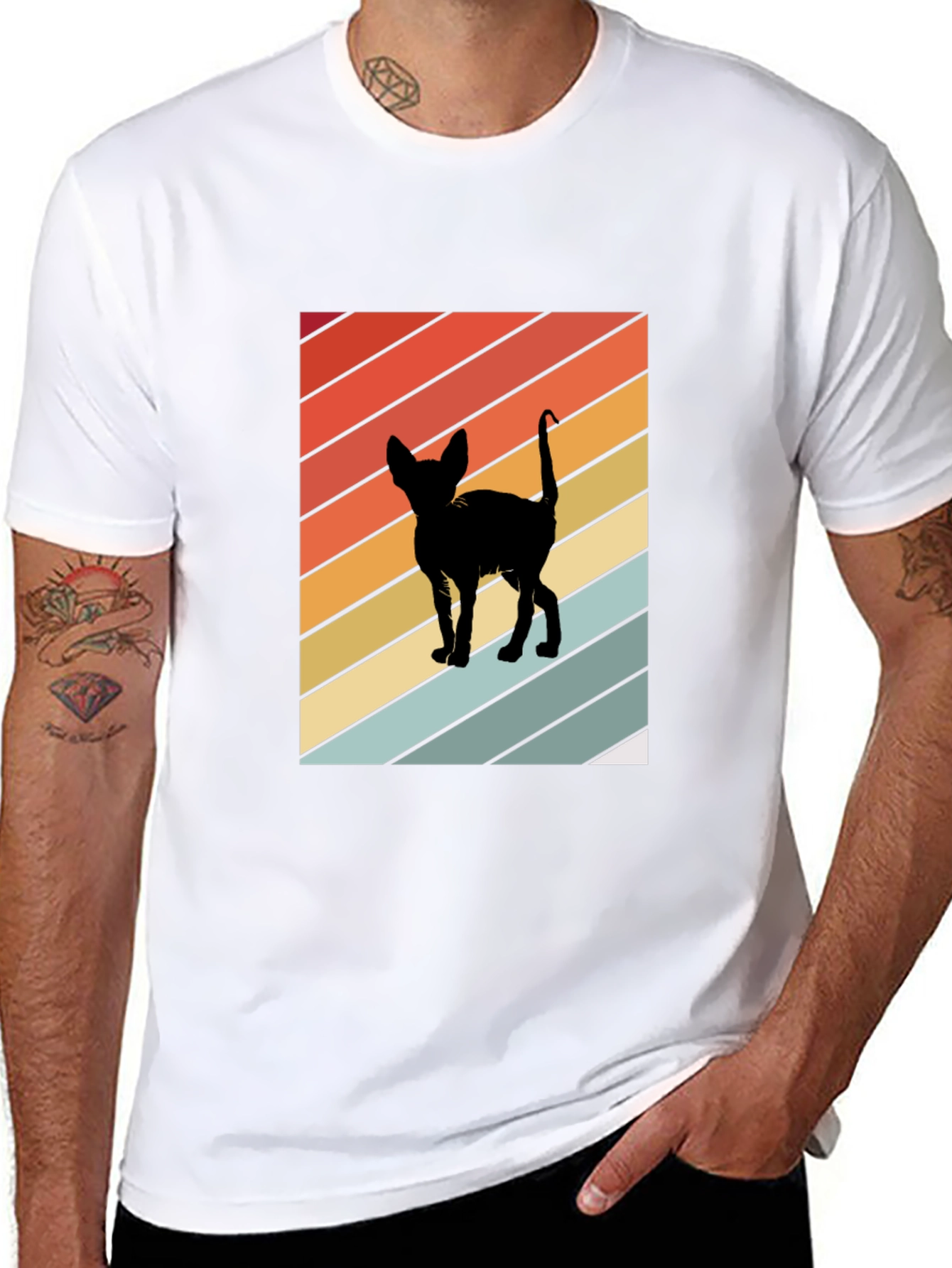 Retro Cat Silhouette Tee - Striped Background