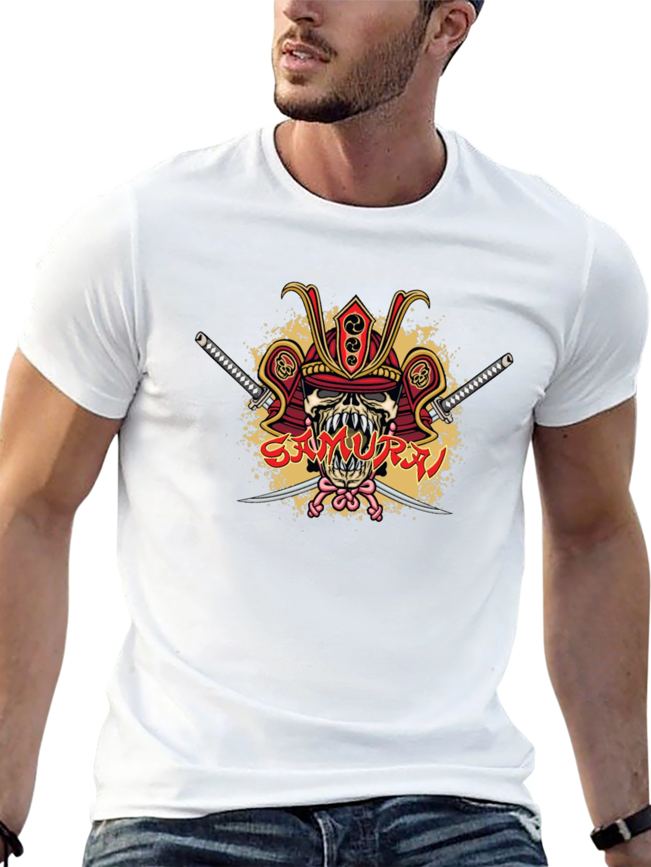 Samurai Skull Graphic Tee - Black Cotton T-Shirt