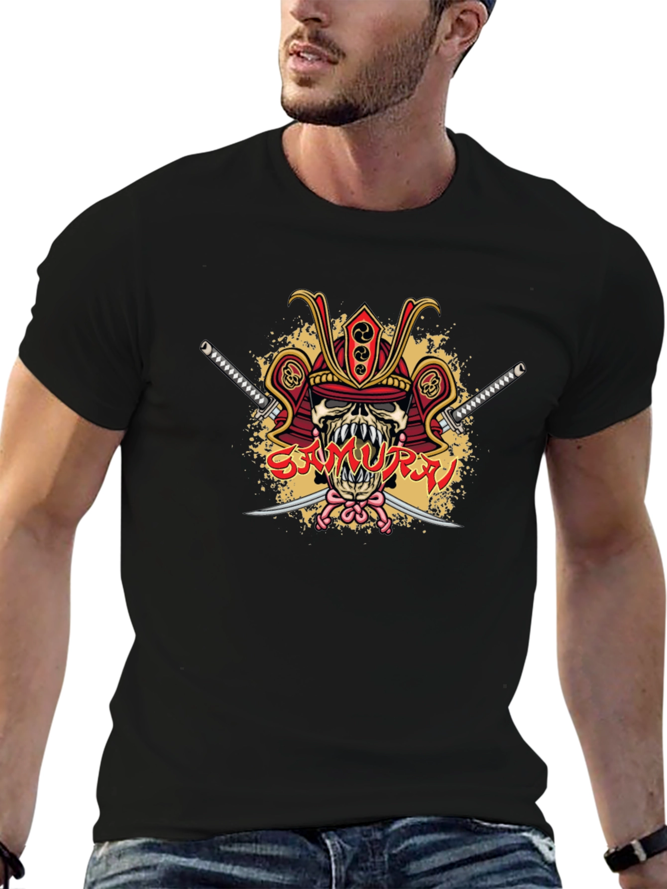 Samurai Skull Graphic Tee - Black Cotton T-Shirt