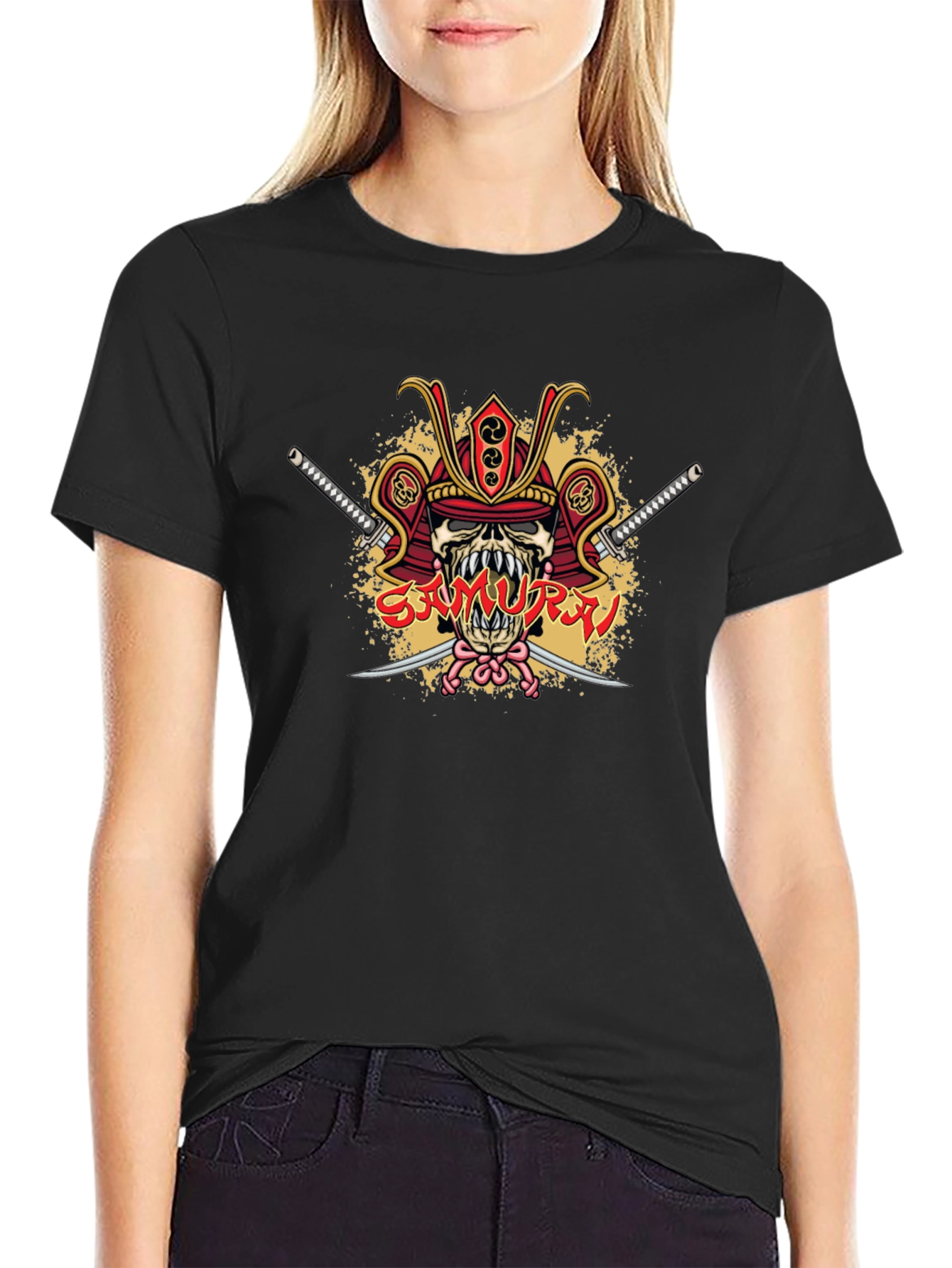 Samurai Skull Graphic Tee - Black Cotton T-Shirt