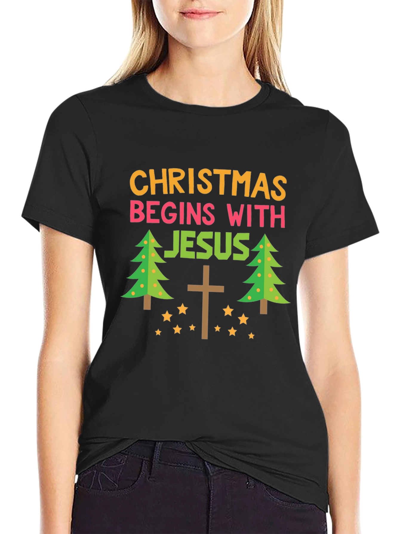 Christmas Begins With Jesus Black T-Shirt