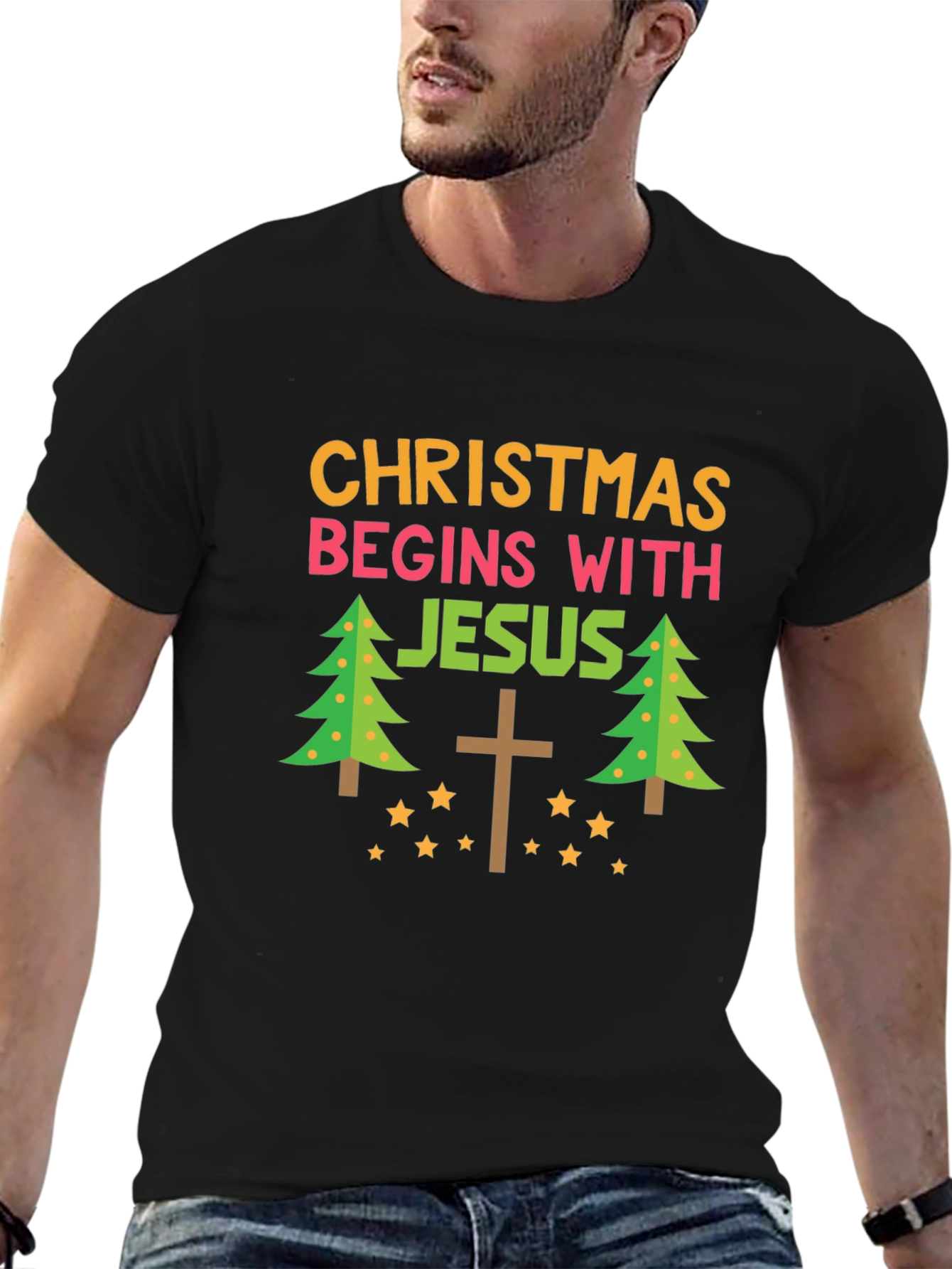 Christmas Begins With Jesus Black T-Shirt