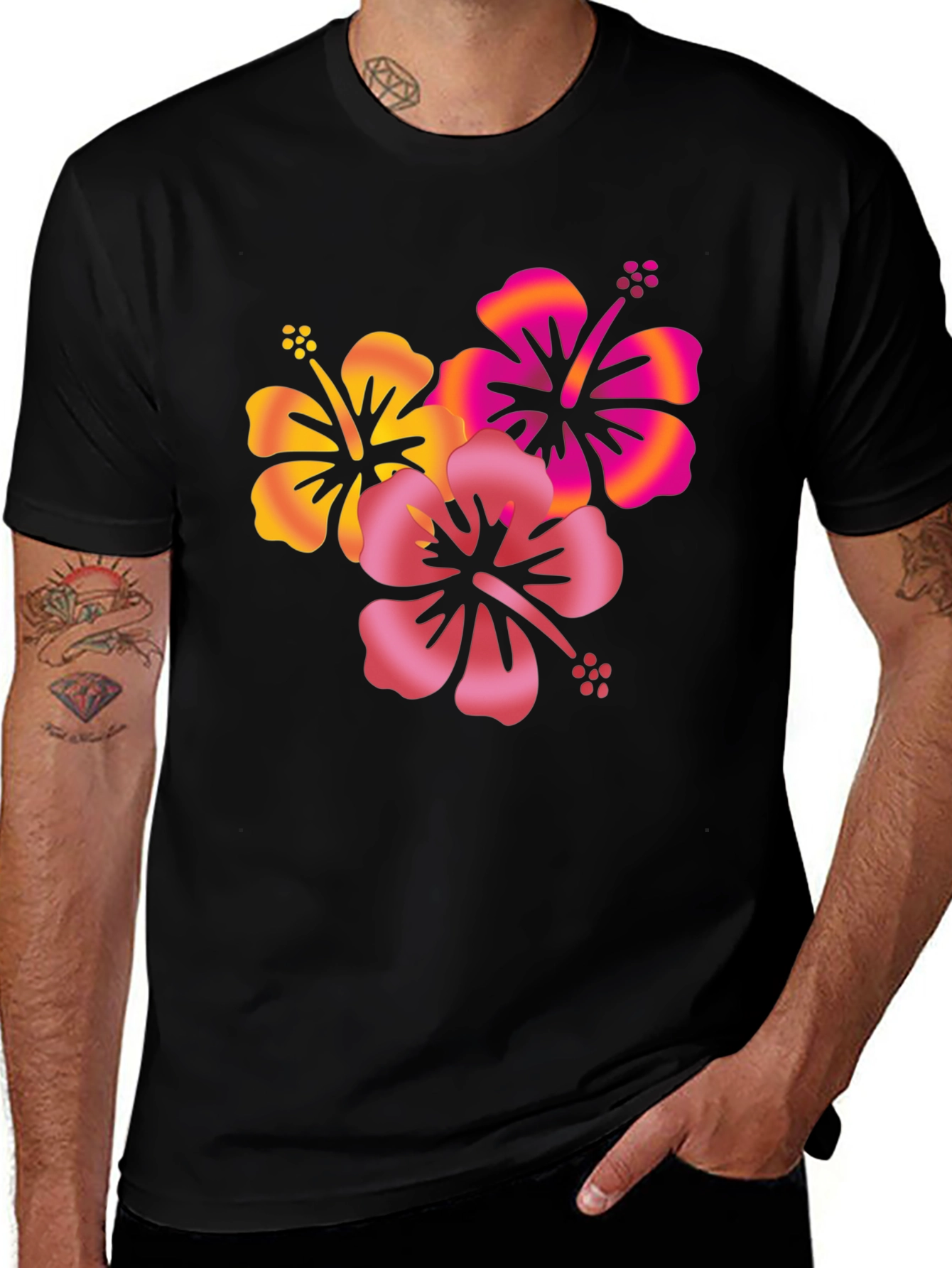 Tropical Hibiscus Flower Graphic Tee - Black