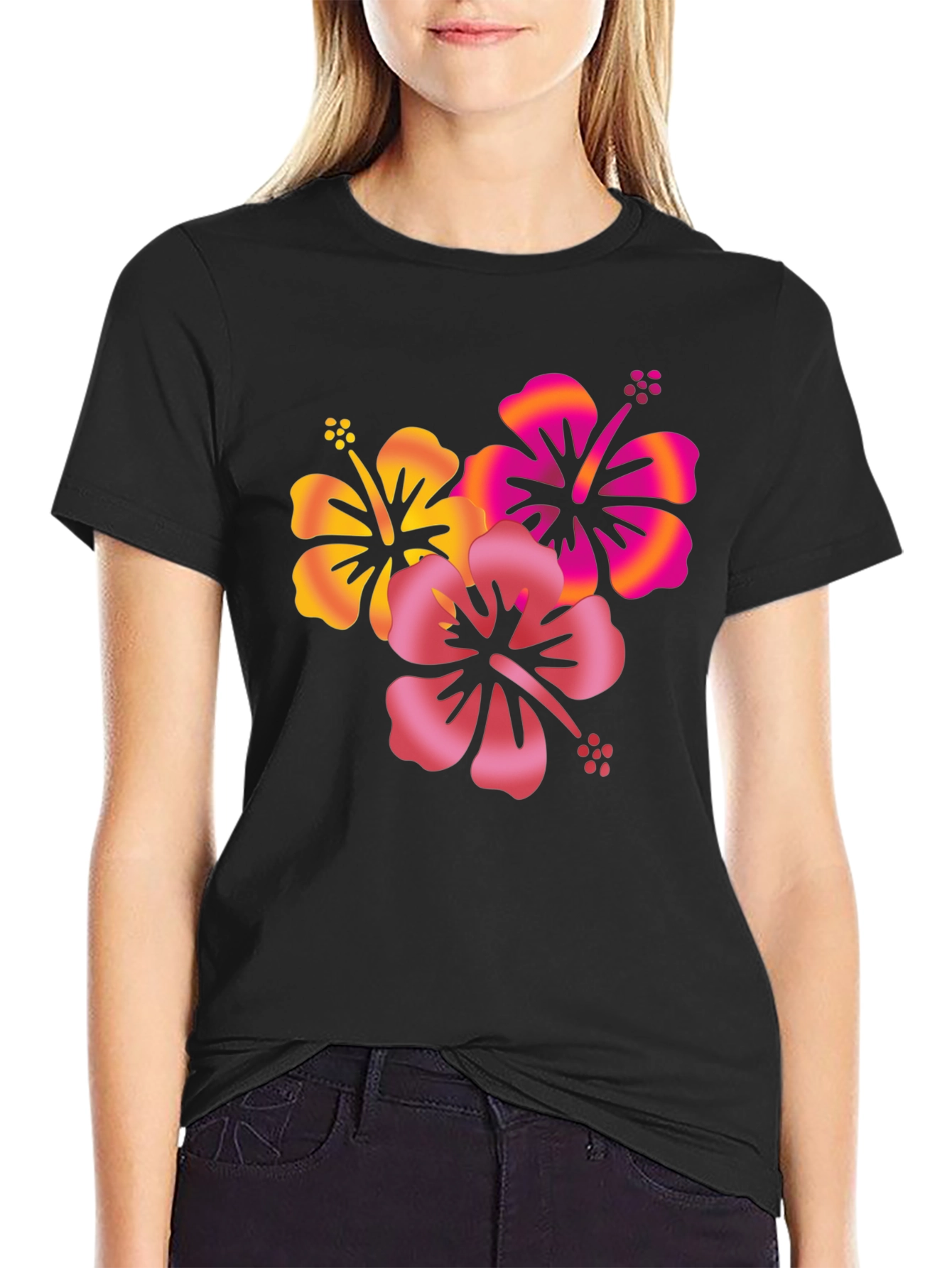 Tropical Hibiscus Flower Graphic Tee - Black