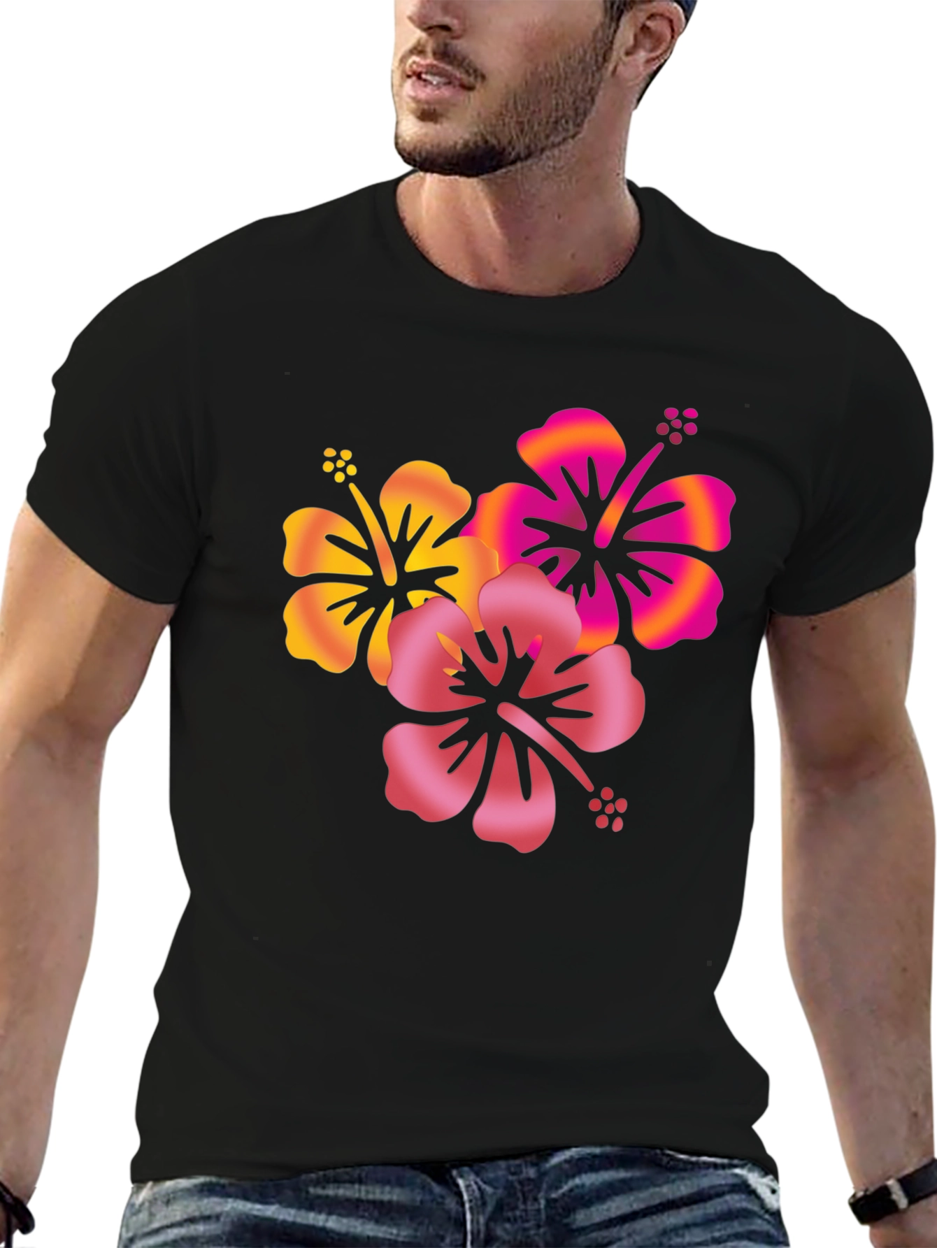 Tropical Hibiscus Flower Graphic Tee - Black