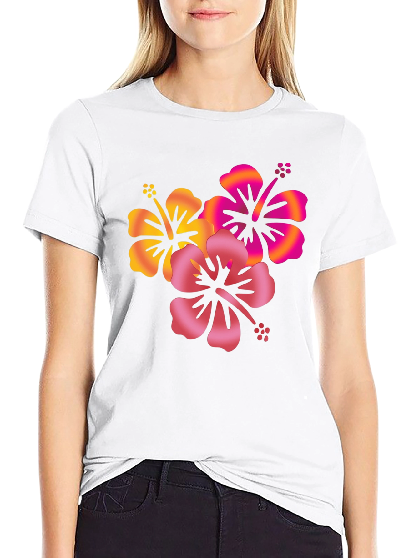 Tropical Hibiscus Flower Graphic Tee - Black