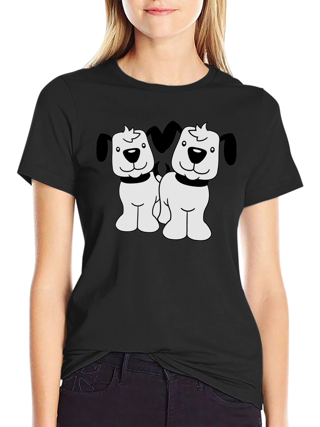 Cute Two Dog Cartoon Black T-Shirt