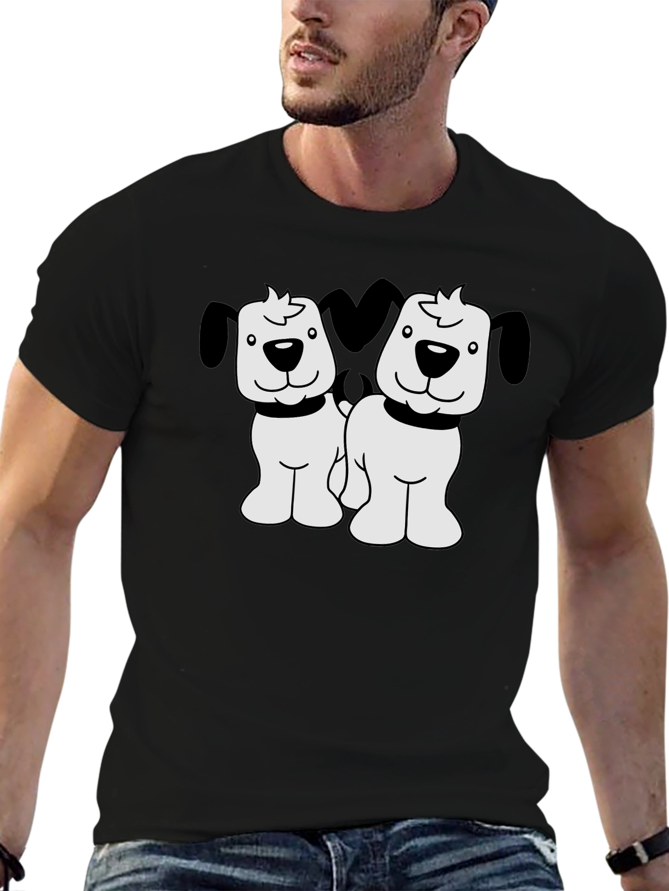 Cute Two Dog Cartoon Black T-Shirt