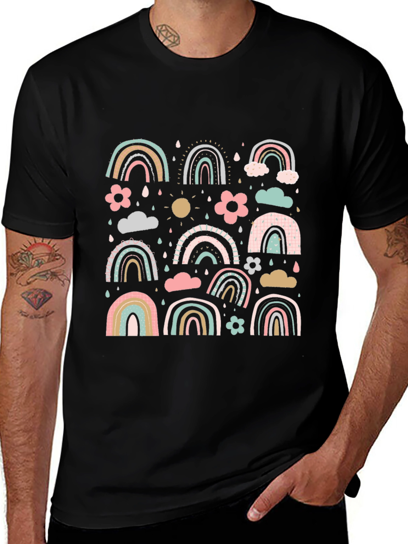 Pastel Rainbow Pattern Black T-Shirt