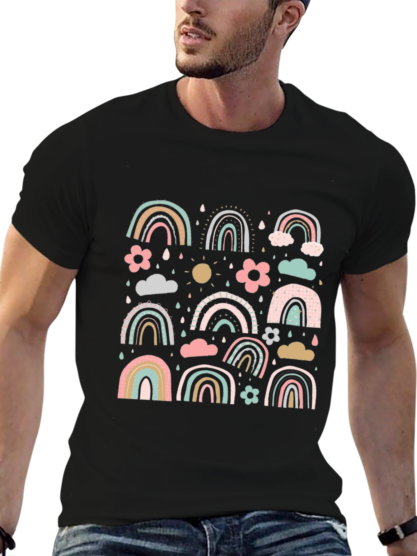 Pastel Rainbow Pattern Black T-Shirt
