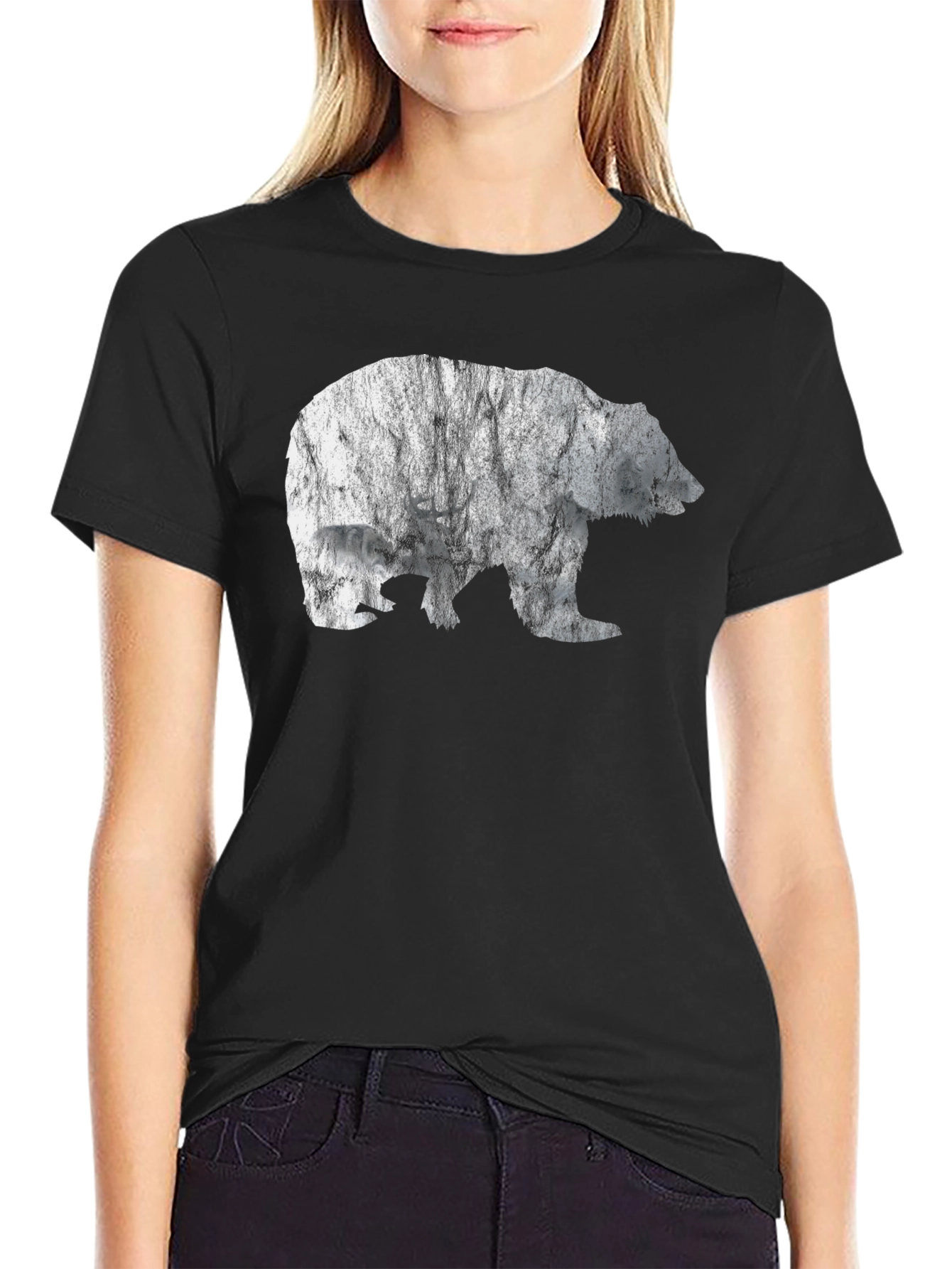 Bear Graphic Print Tee - Black