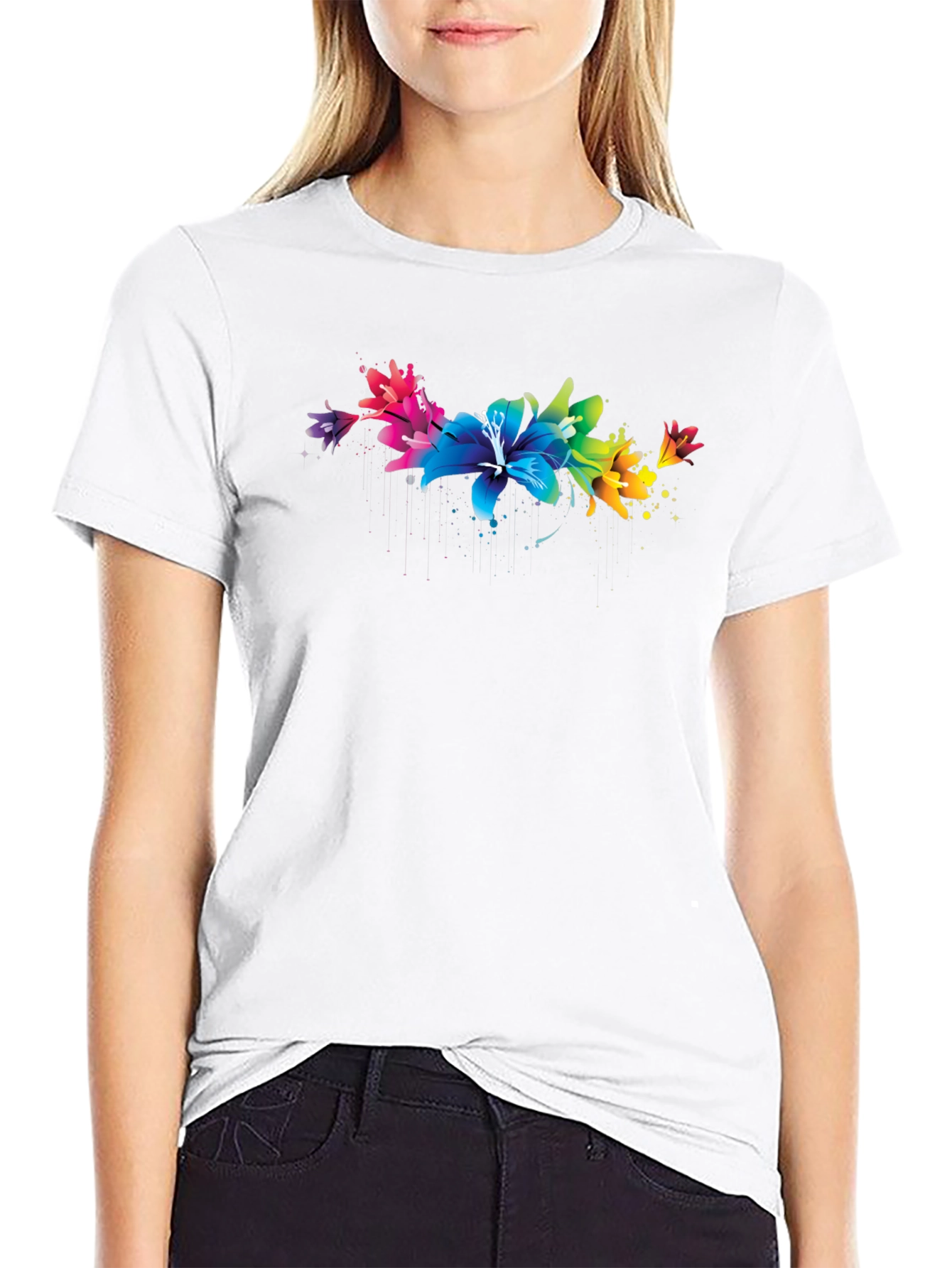 Rainbow Lily Graphic Print Black T-Shirt