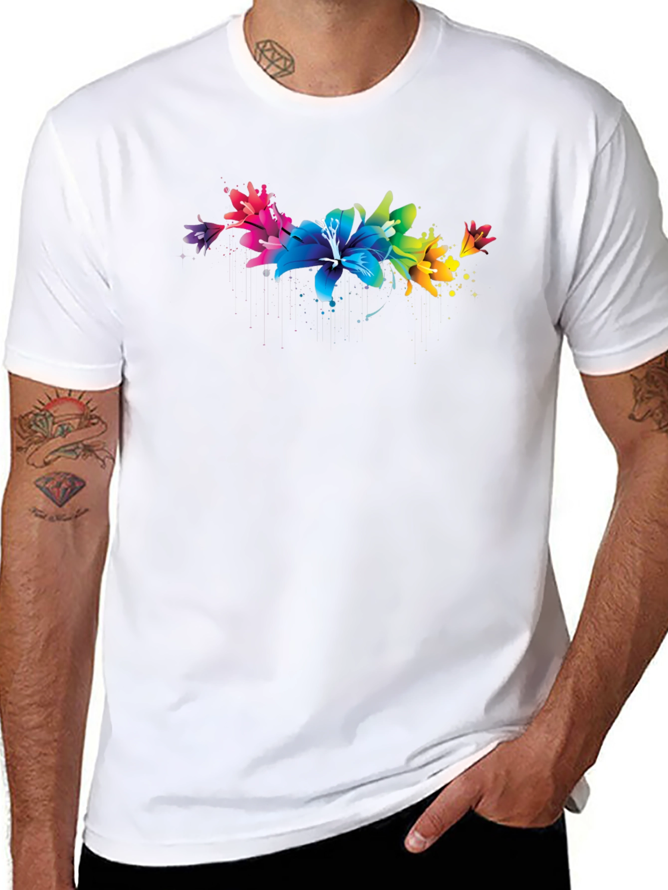 Rainbow Lily Graphic Print Black T-Shirt