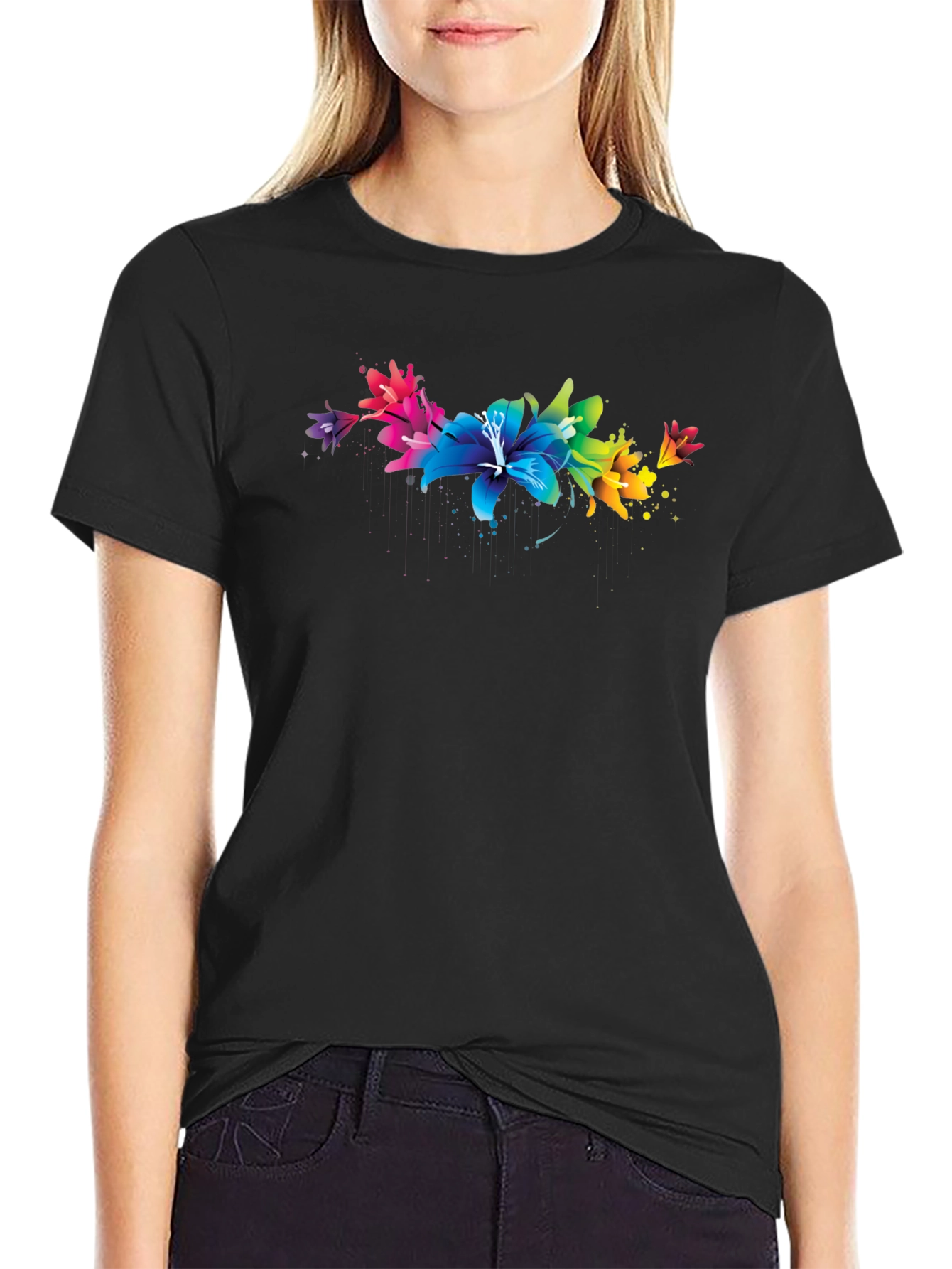 Rainbow Lily Graphic Print Black T-Shirt