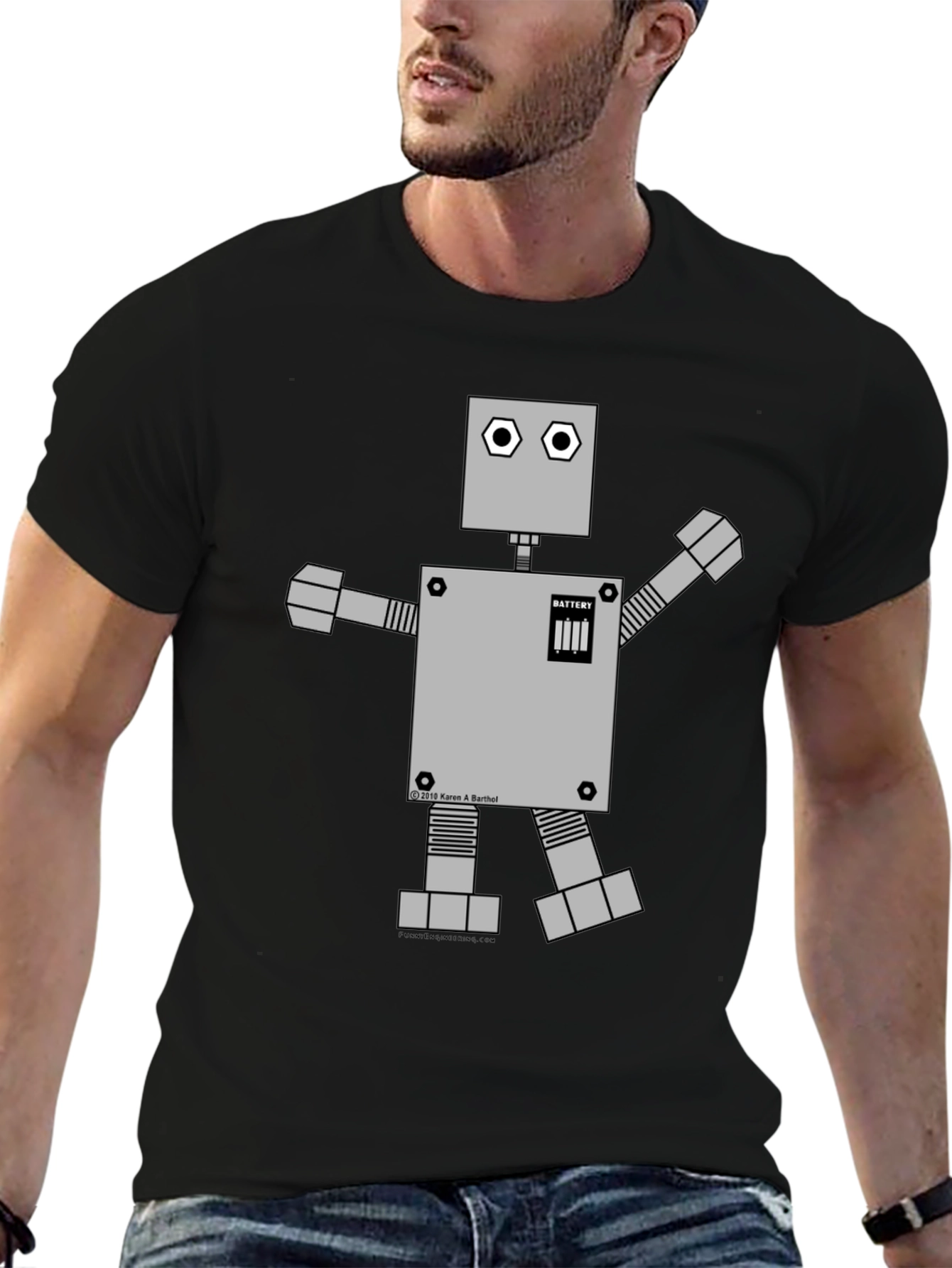 Retro Robot Graphic Tee - Black Cotton Shirt