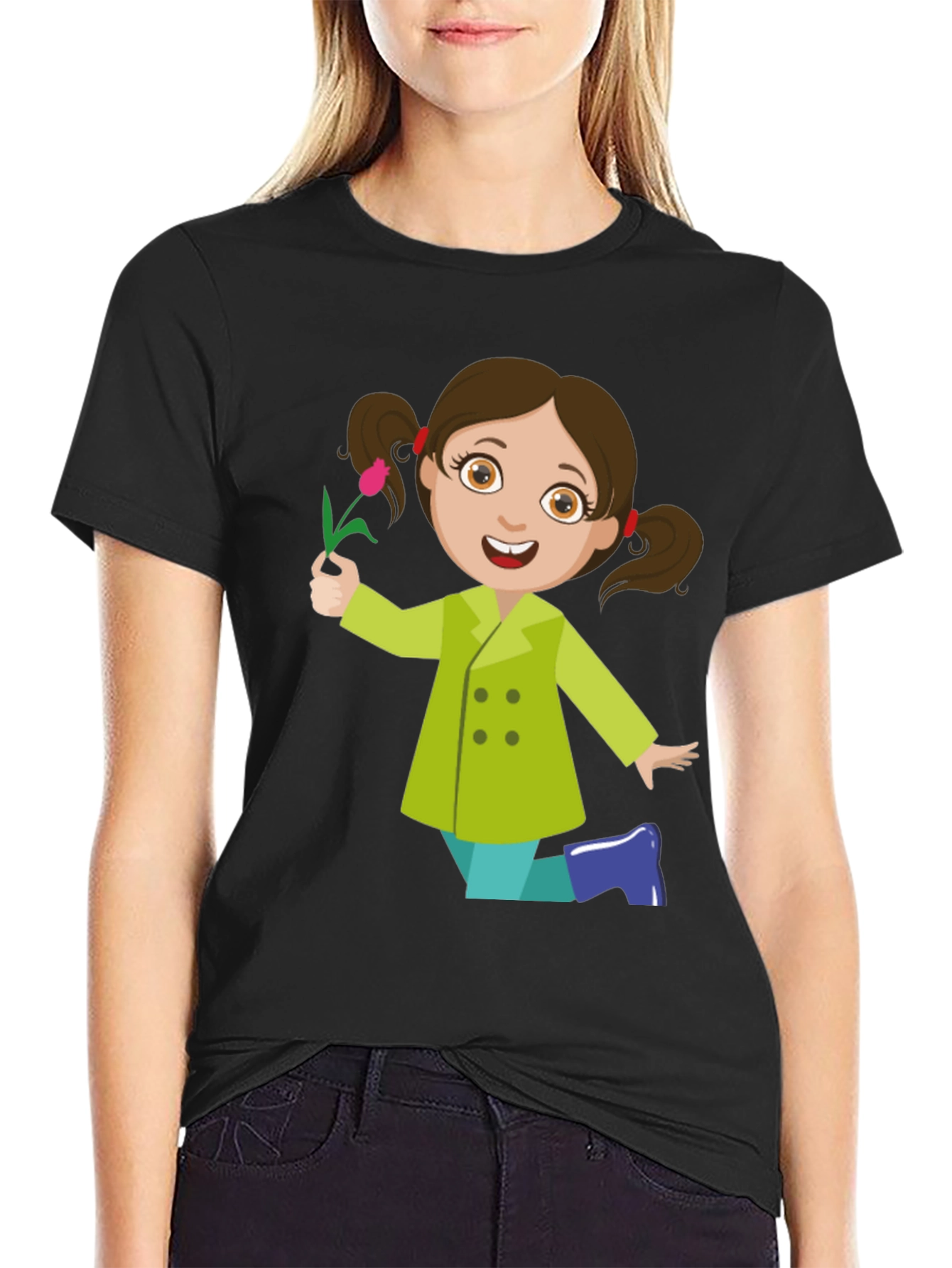 Cute Girl Graphic Tee - Black Cotton Blend Shirt