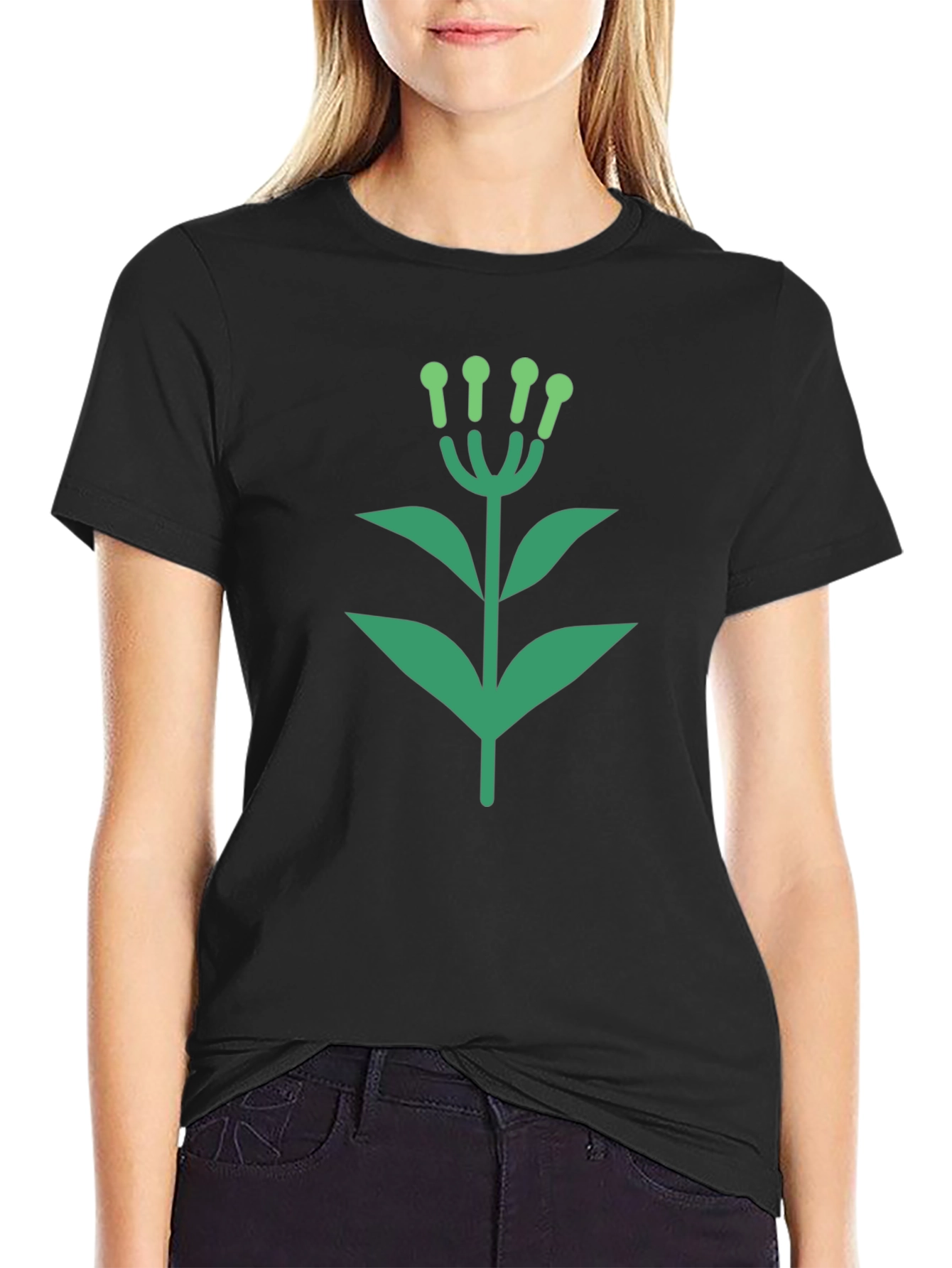 Green Floral Graphic Black T-Shirt