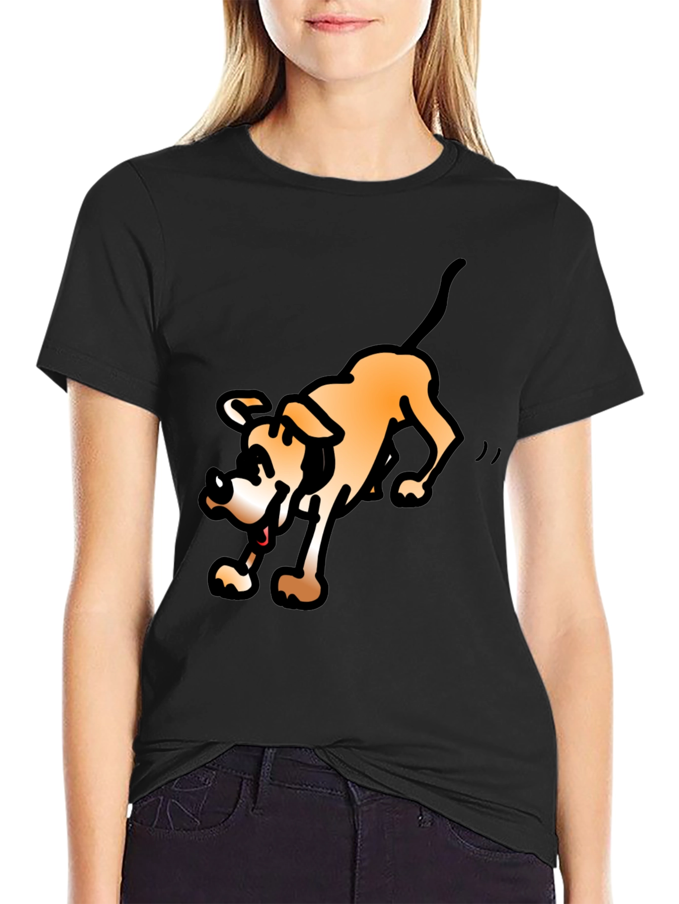 Cartoon Dog Graphic Tee - Black Cotton Blend