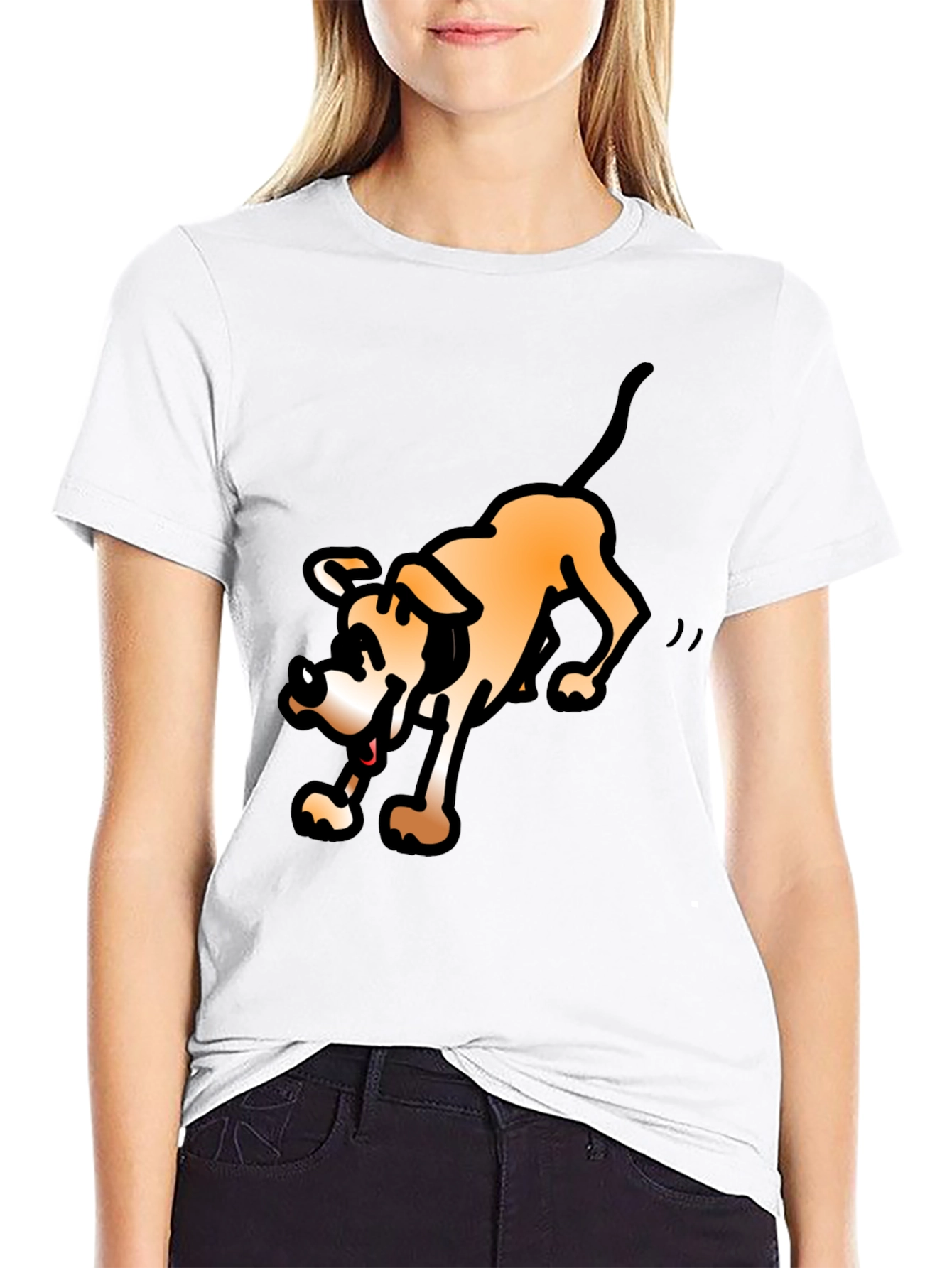 Cartoon Dog Graphic Tee - Black Cotton Blend