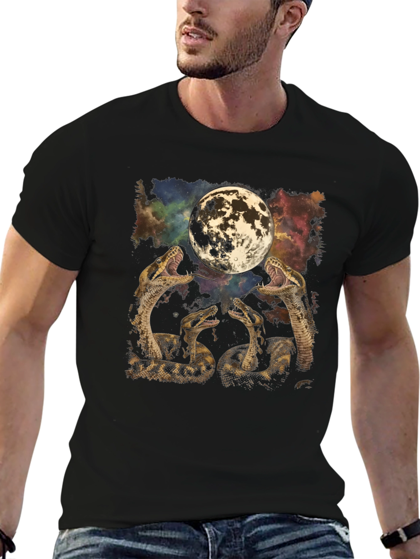 Snakes & Moon Graphic Tee - Mens Black T-Shirt