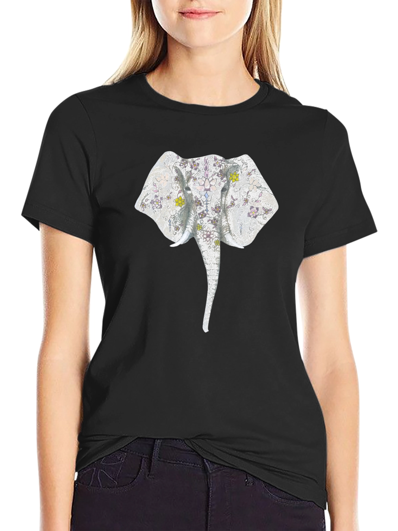 Elephant Floral Print Black T-Shirt