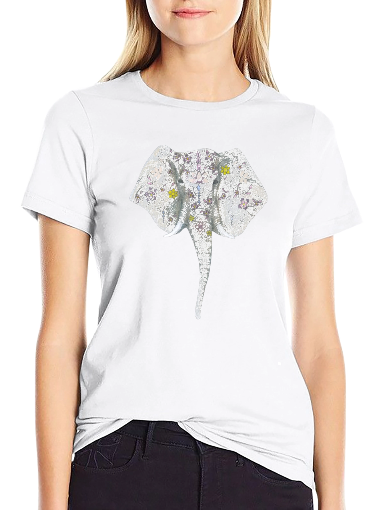 Elephant Floral Print Black T-Shirt
