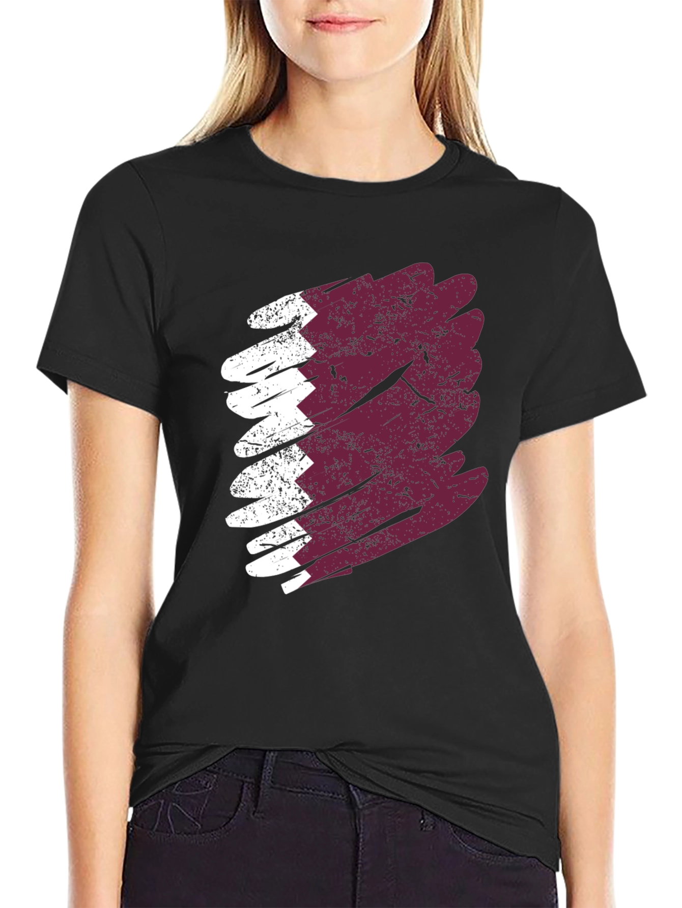 Qatar Flag Brush Stroke T-Shirt - Mens Black Tee