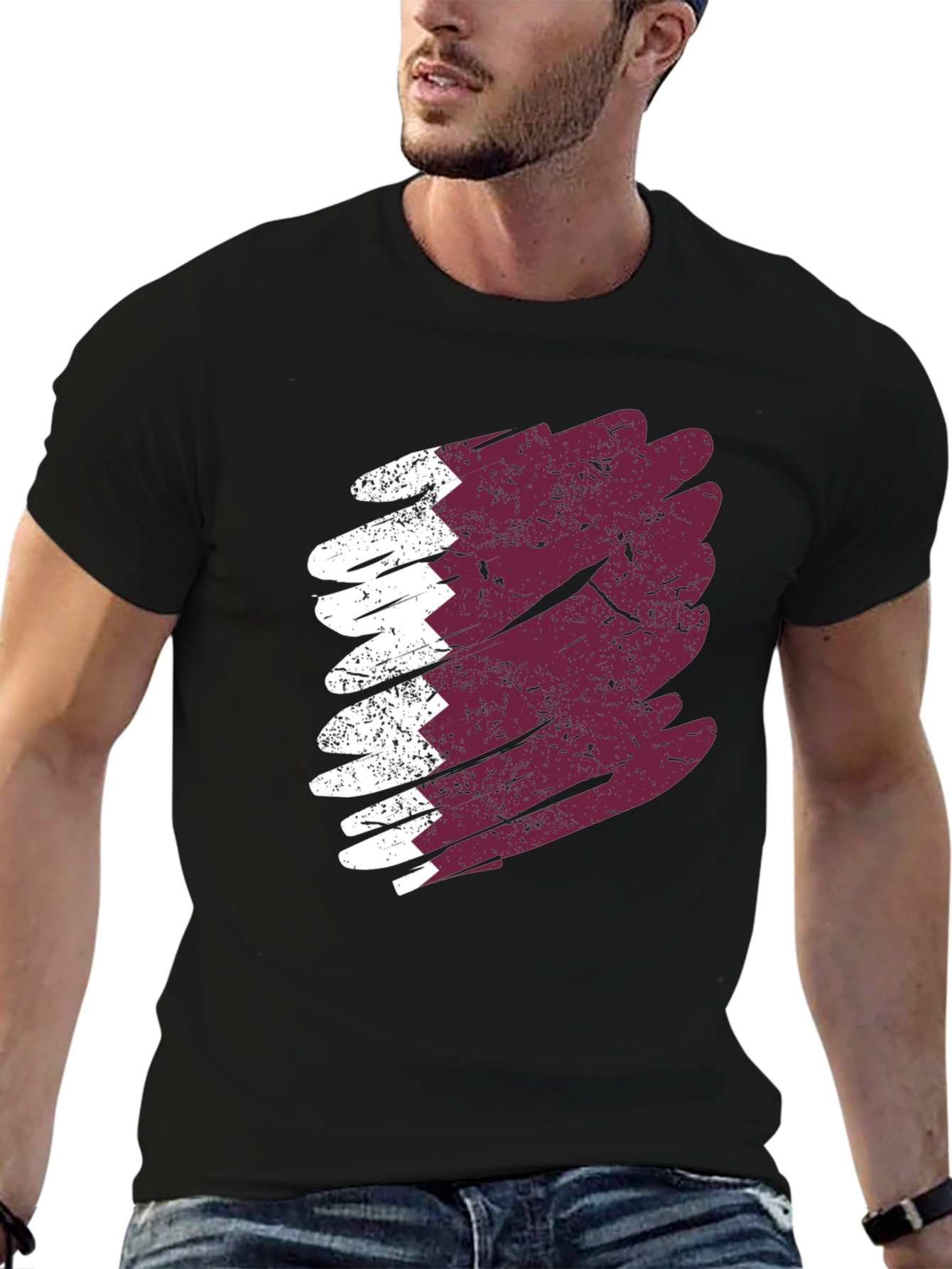 Qatar Flag Brush Stroke T-Shirt - Mens Black Tee