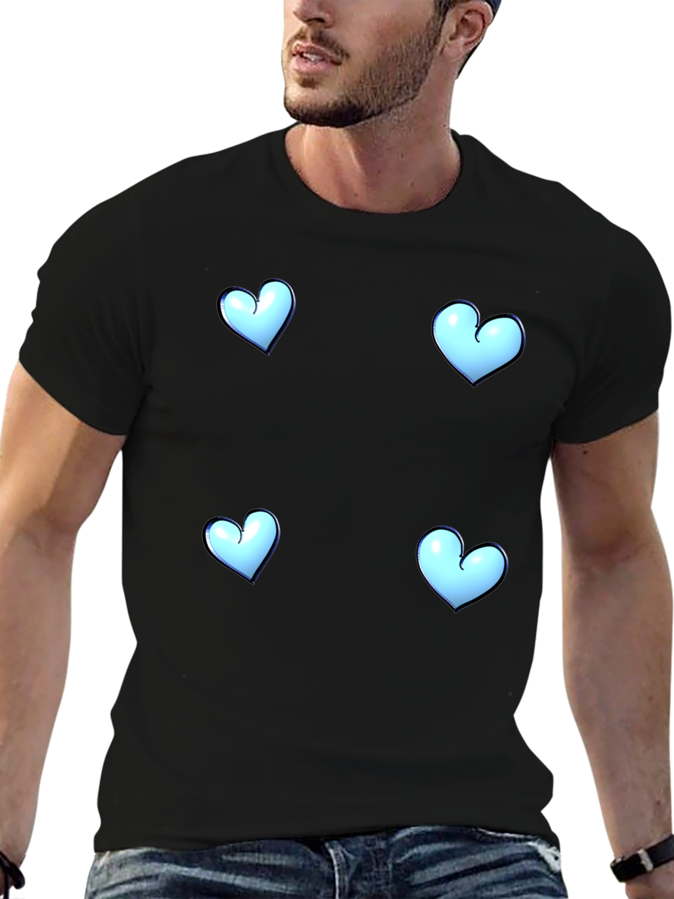Blue Heart Patterned Black T-Shirt