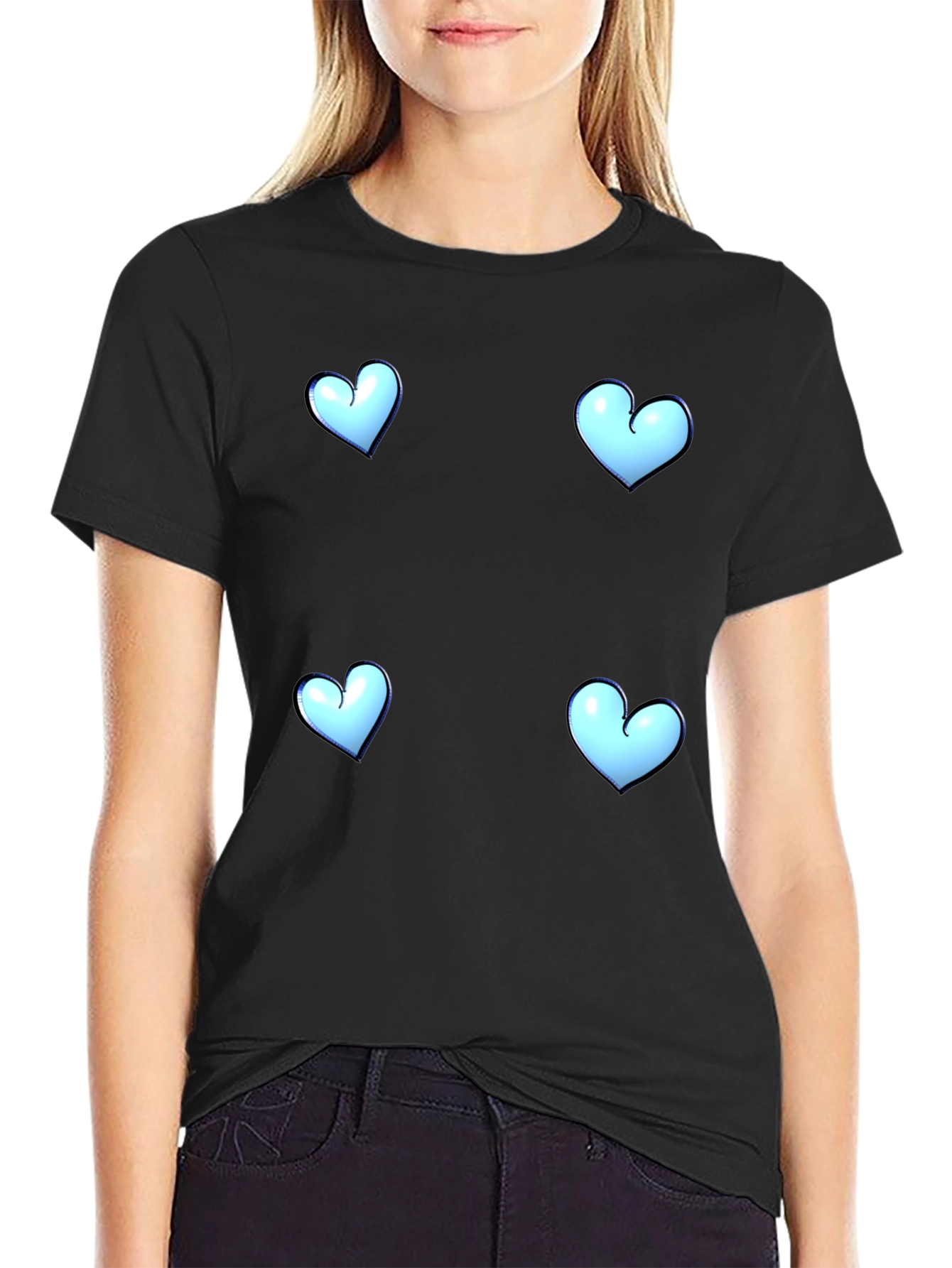 Blue Heart Patterned Black T-Shirt