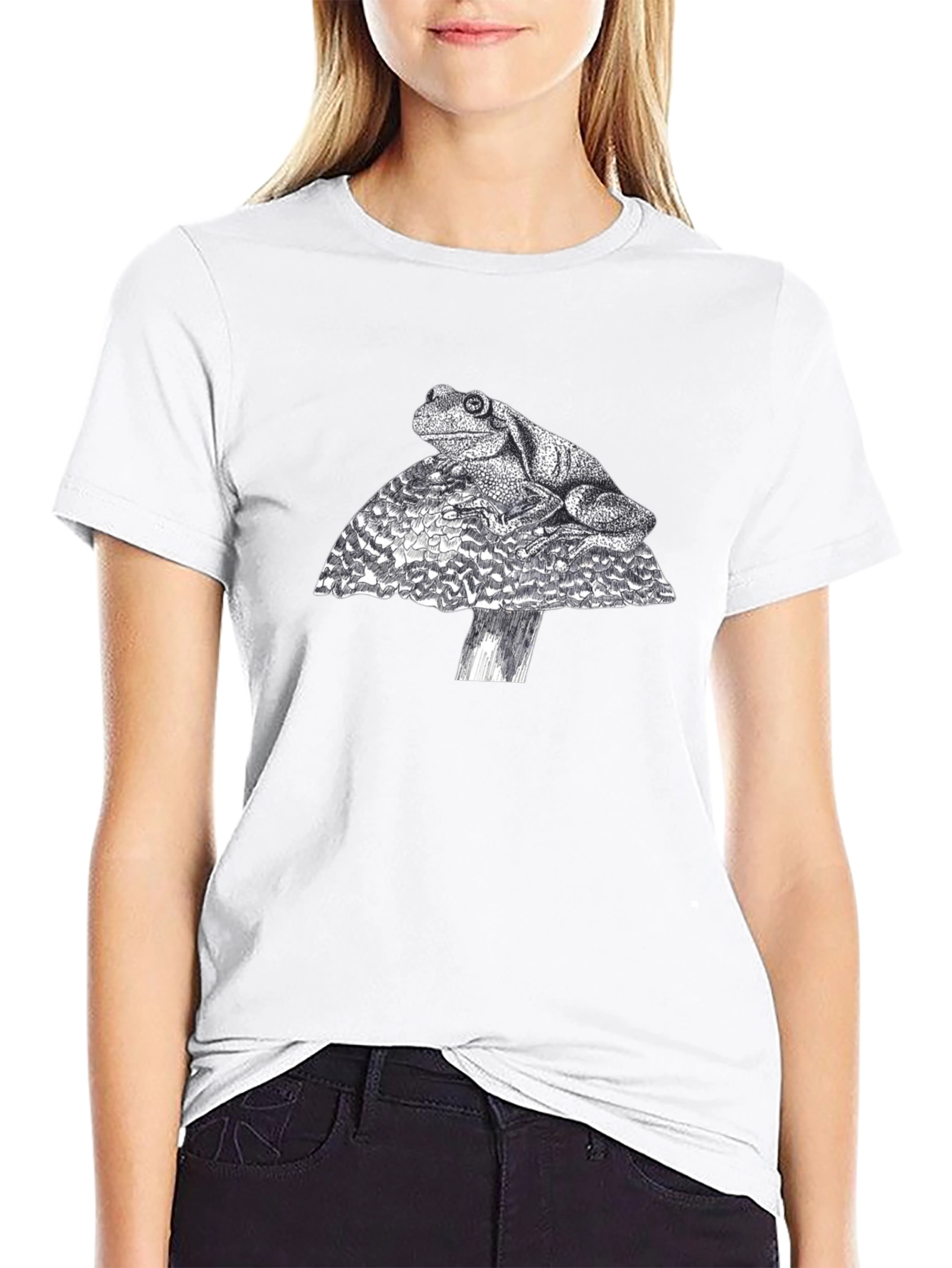 Frog on Mushroom Graphic Tee - Black Cotton T-Shirt