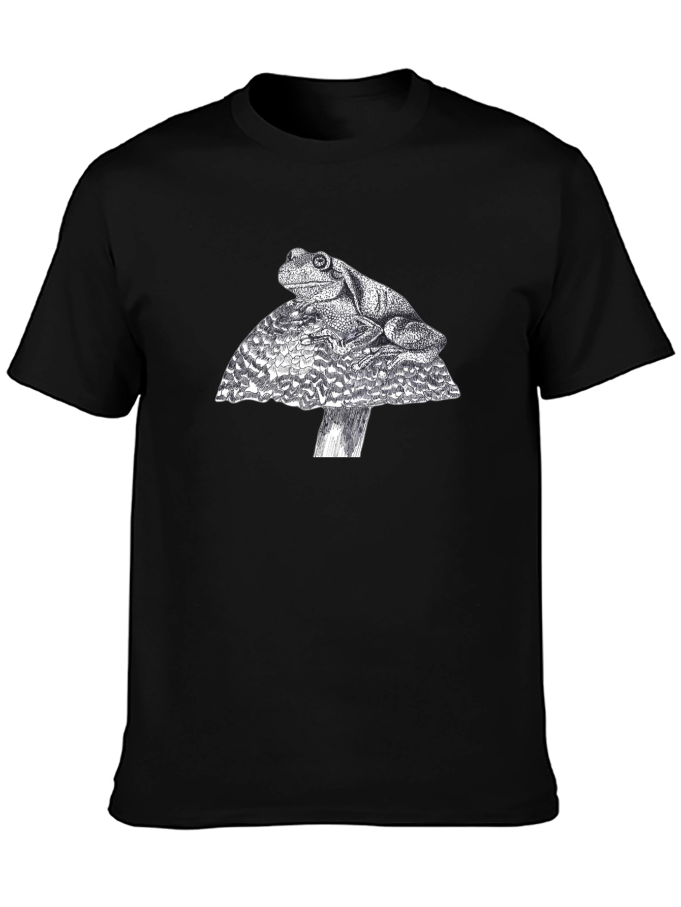 Frog on Mushroom Graphic Tee - Black Cotton T-Shirt
