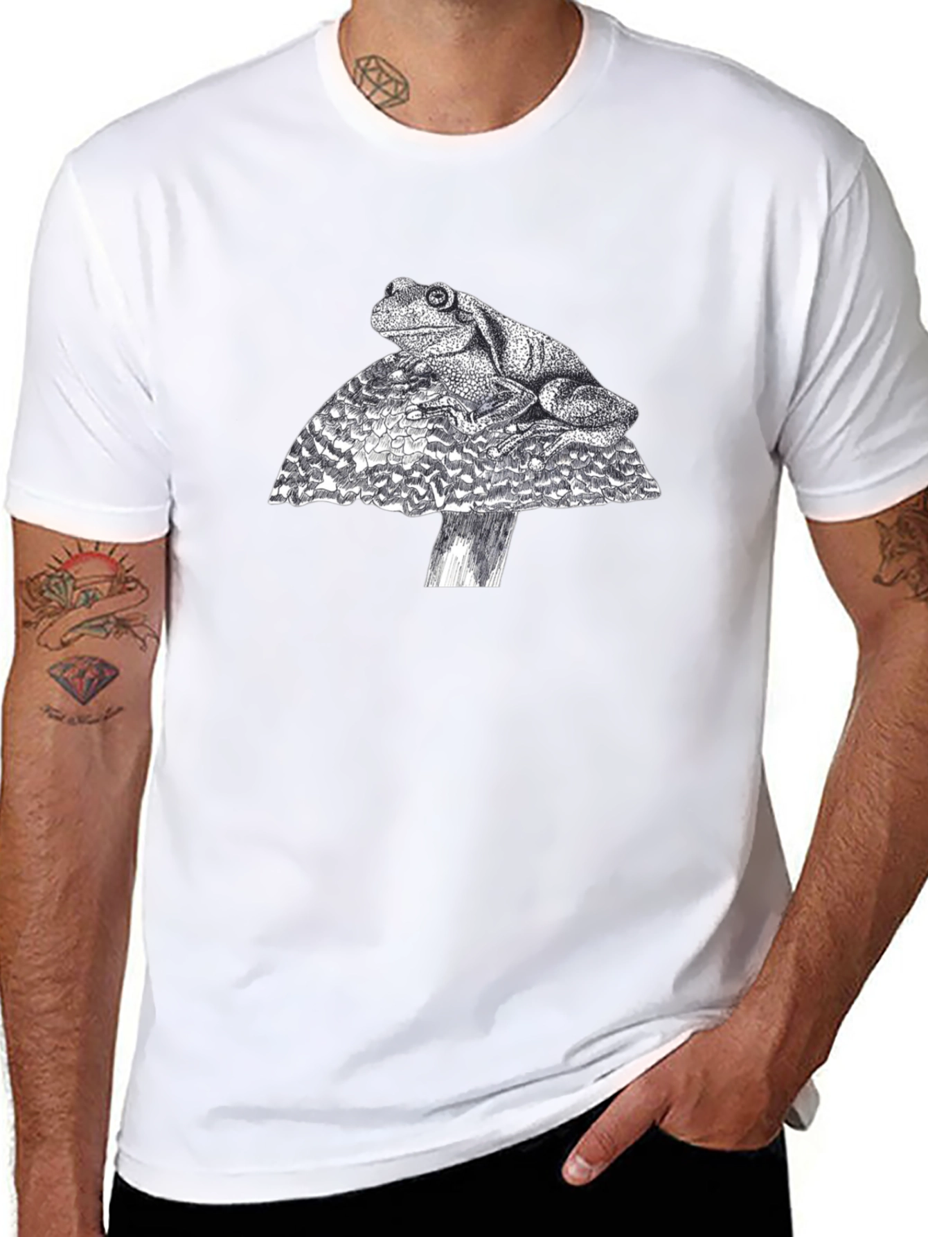 Frog on Mushroom Graphic Tee - Black Cotton T-Shirt