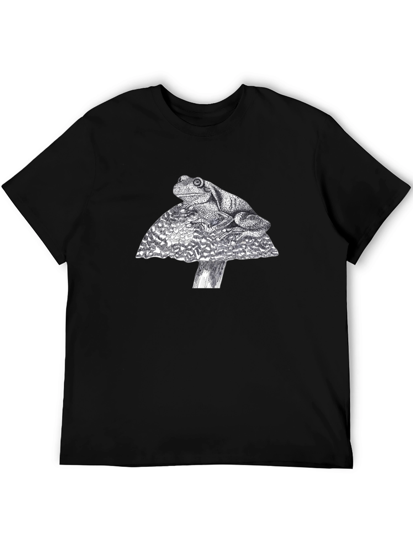 Frog on Mushroom Graphic Tee - Black Cotton T-Shirt