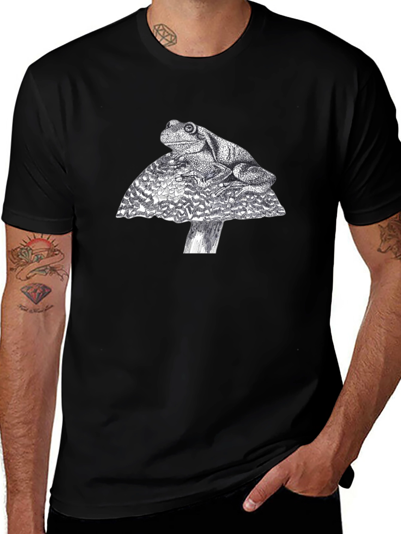 Frog on Mushroom Graphic Tee - Black Cotton T-Shirt