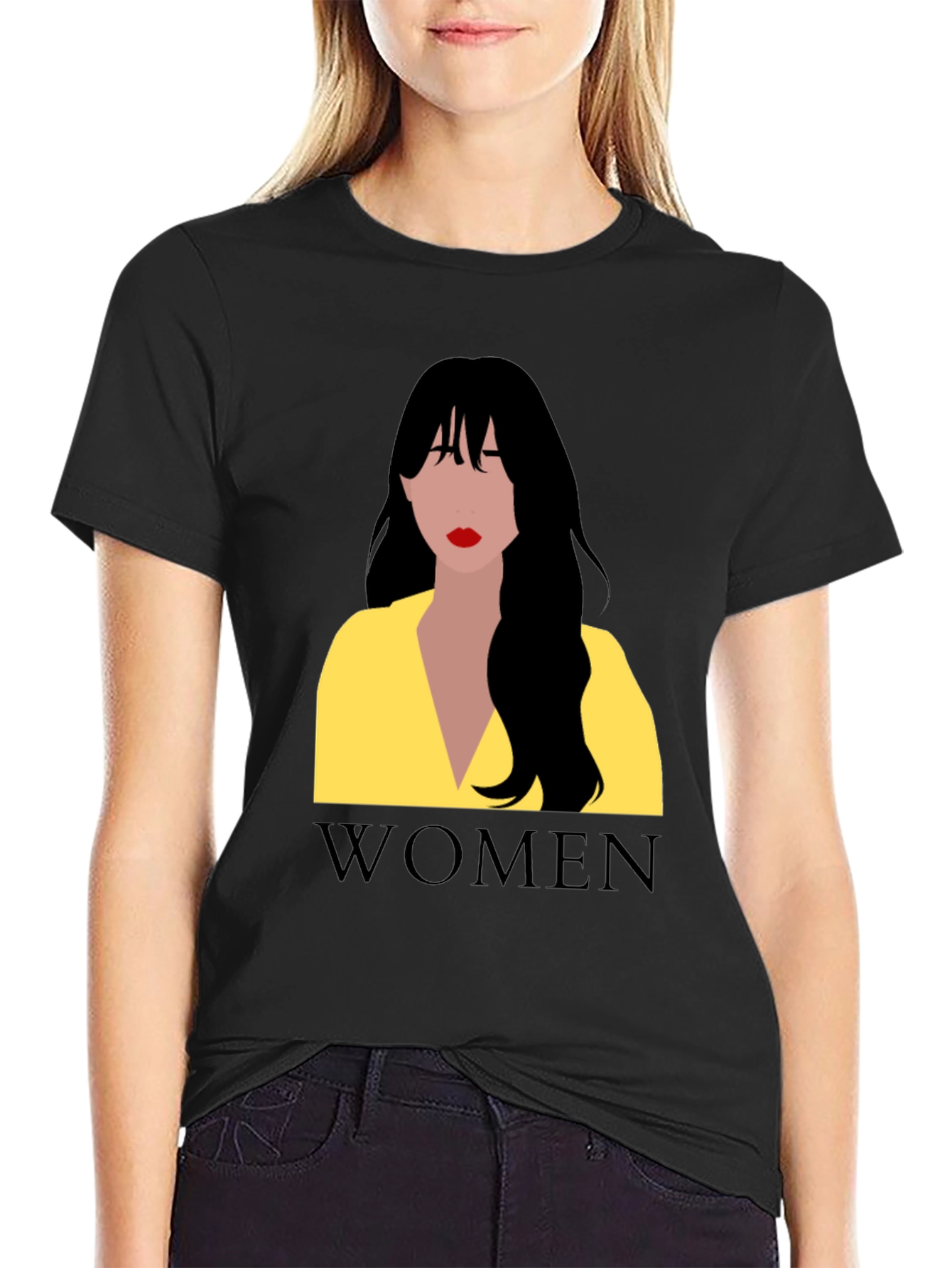 Women Graphic Tee - Black Cotton T-Shirt