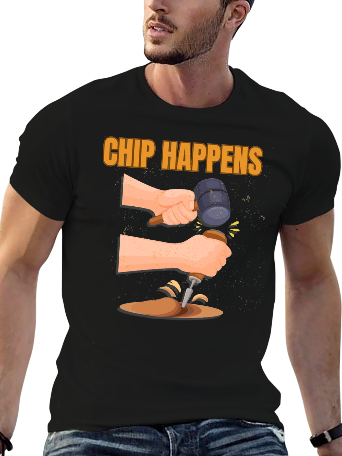Chip Happens Graphic Tee - Humorous Carpentry Shirt