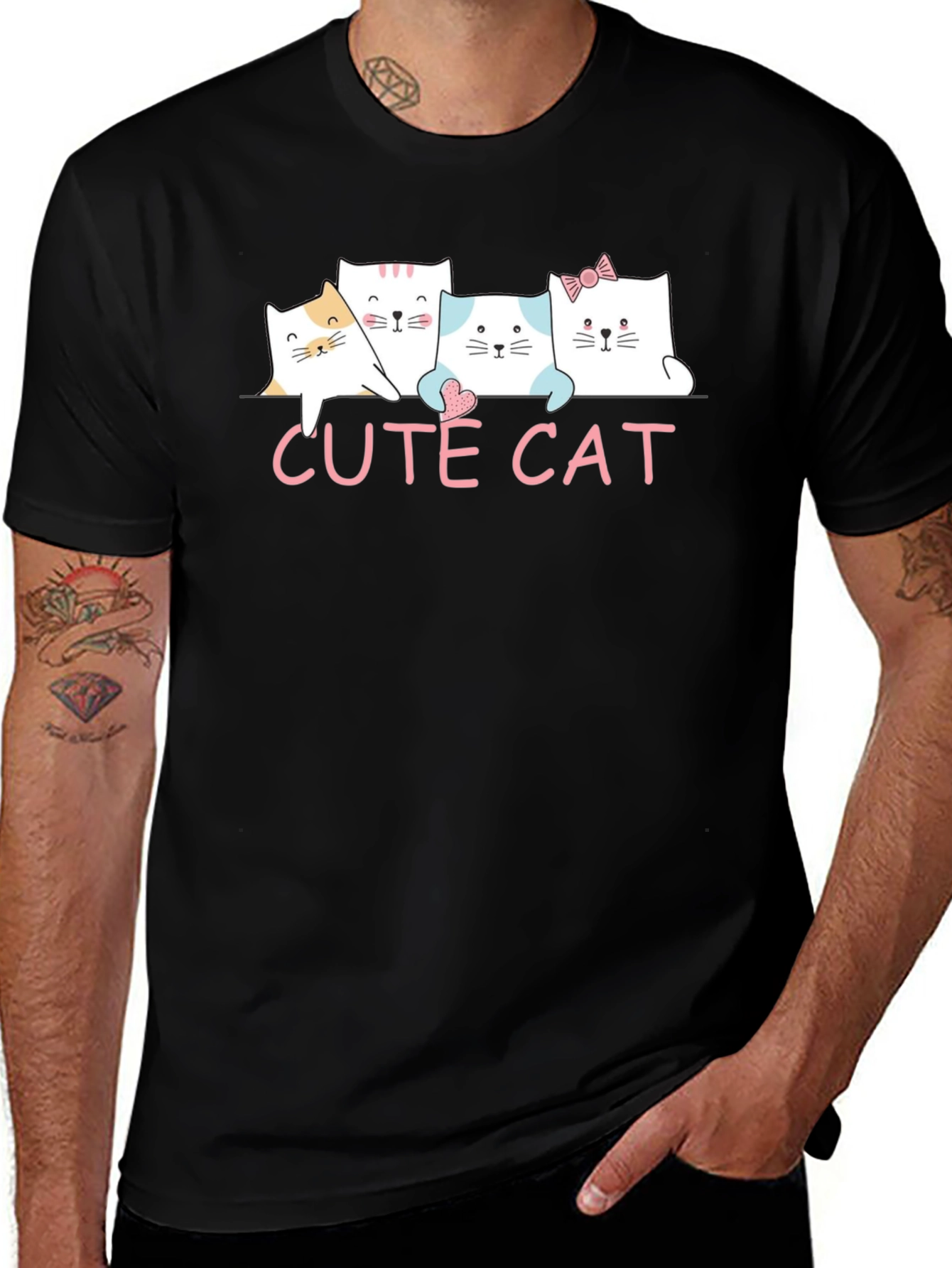 Cute Cat Graphic Print Black T-Shirt