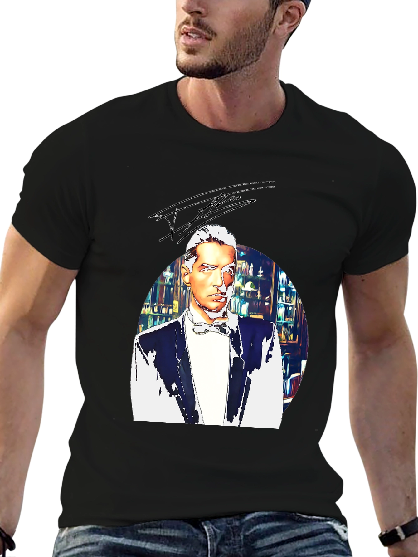 Elegant Man T-Shirt - Bowtie & Library Design