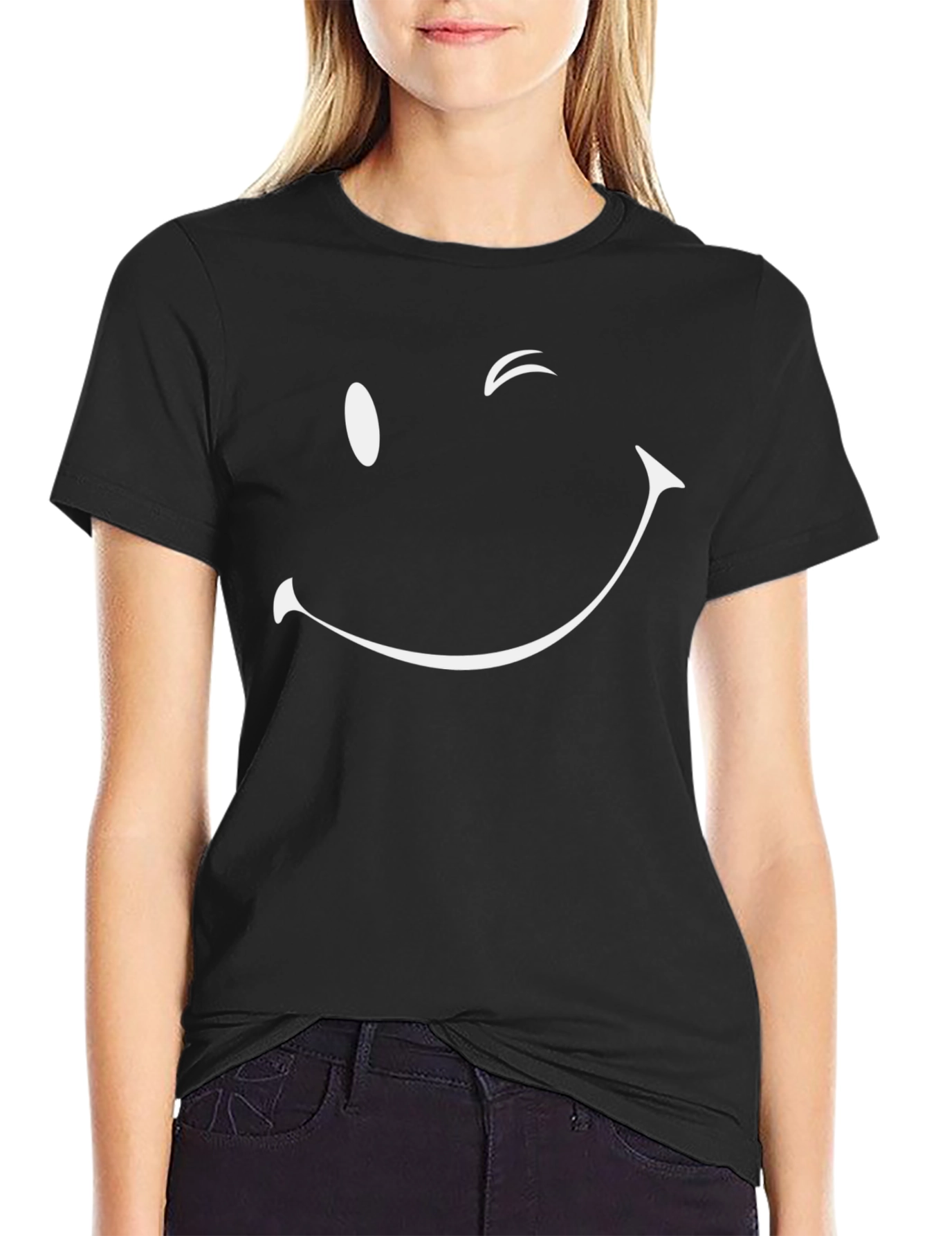 Winking Smiley Face Graphic Tee - Black