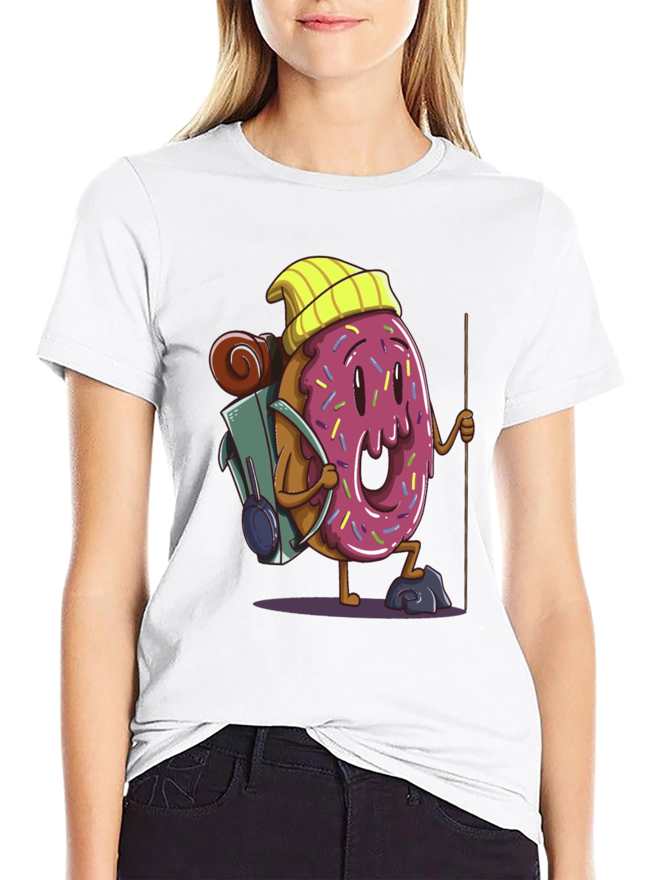 Donut Hiker Graphic Tee - Black Cotton T-Shirt