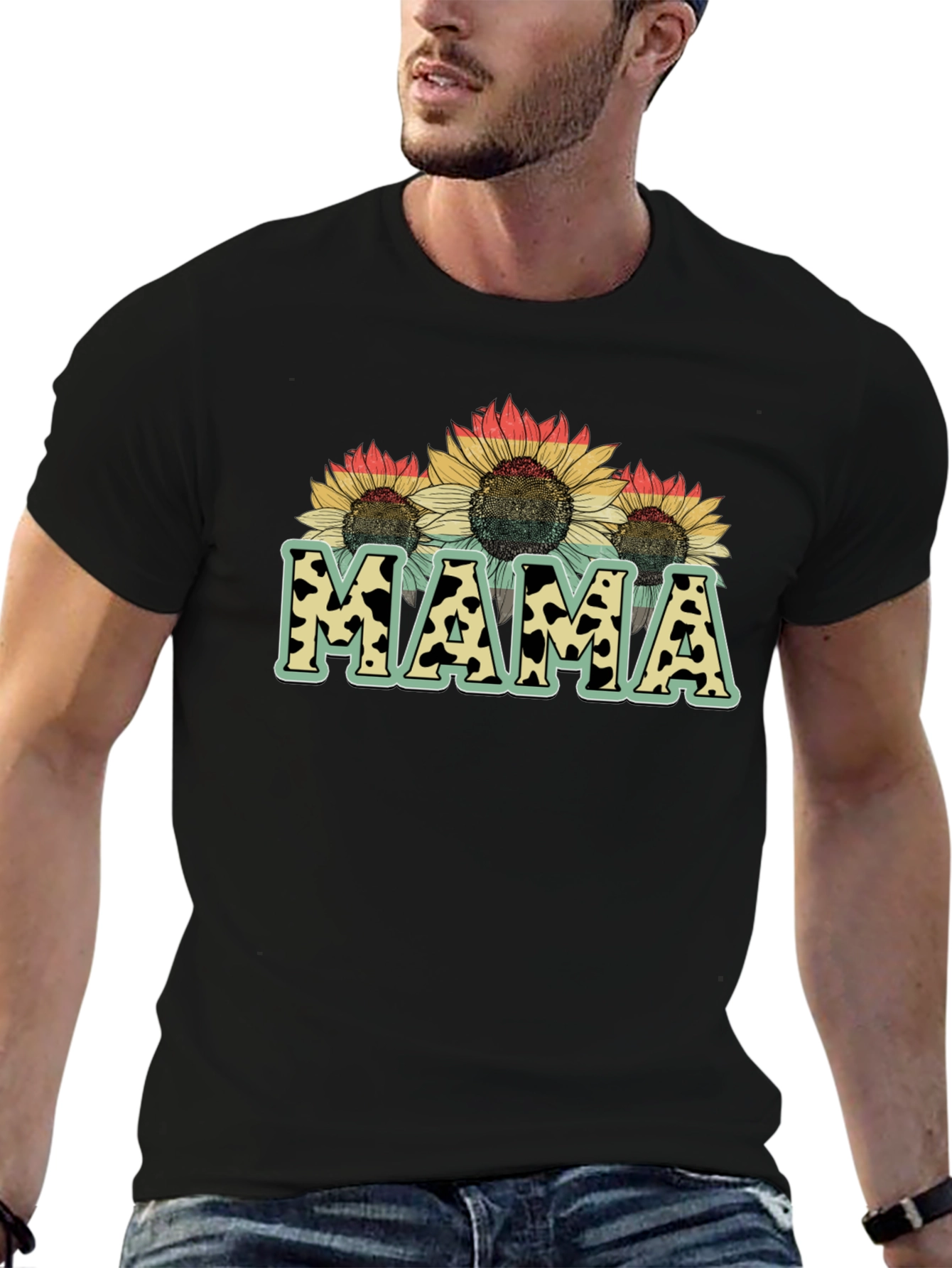 Mama Sunflower Cow Print Graphic Tee