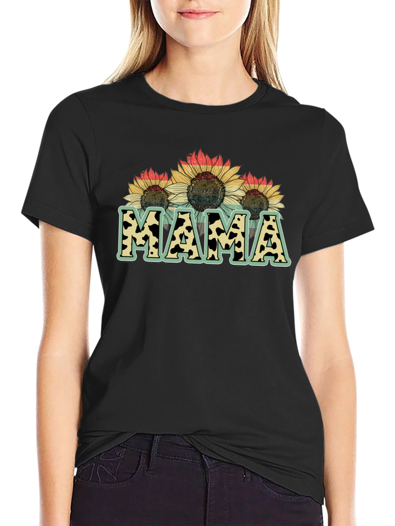 Mama Sunflower Cow Print Graphic Tee