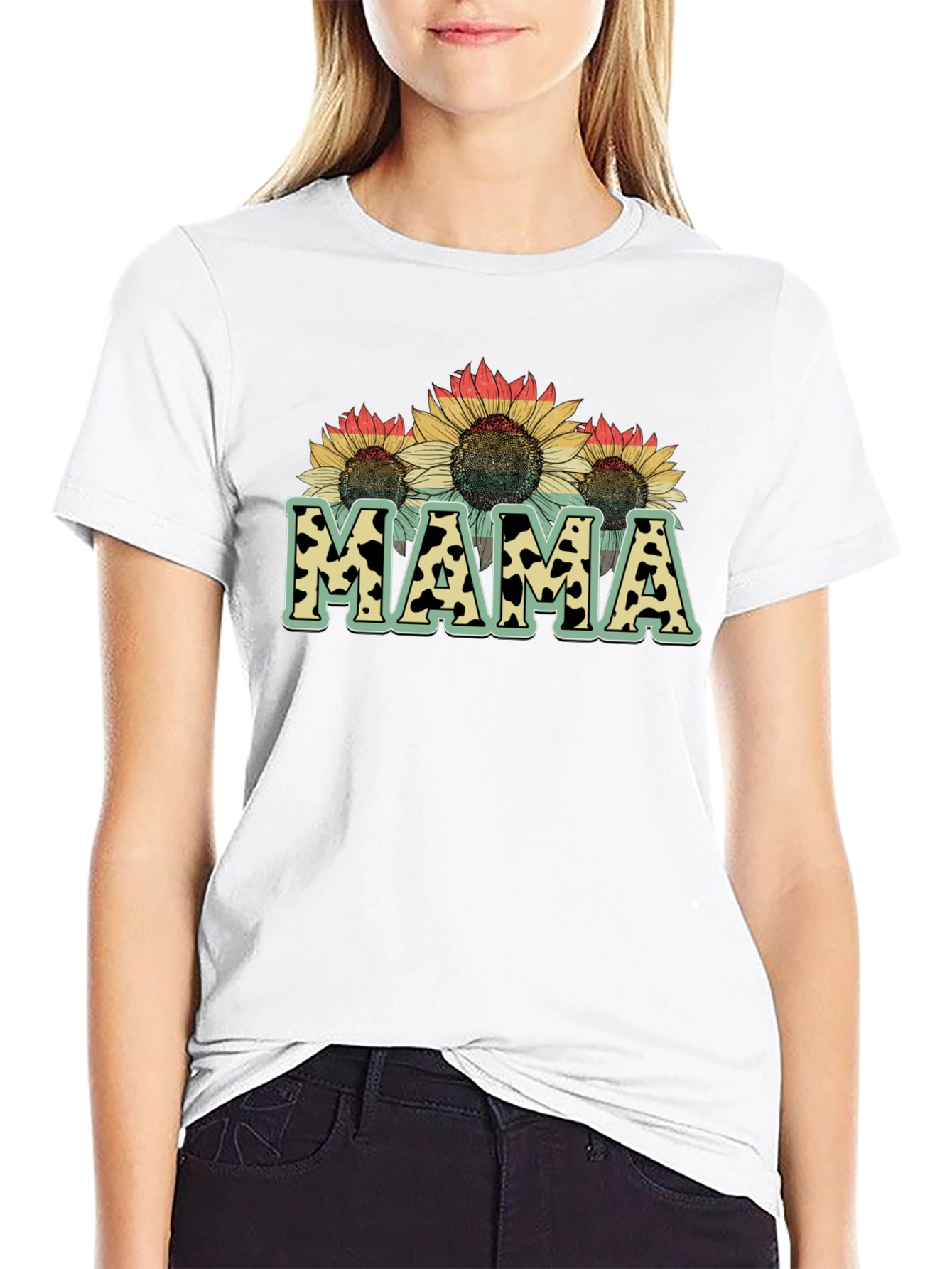 Mama Sunflower Cow Print Graphic Tee