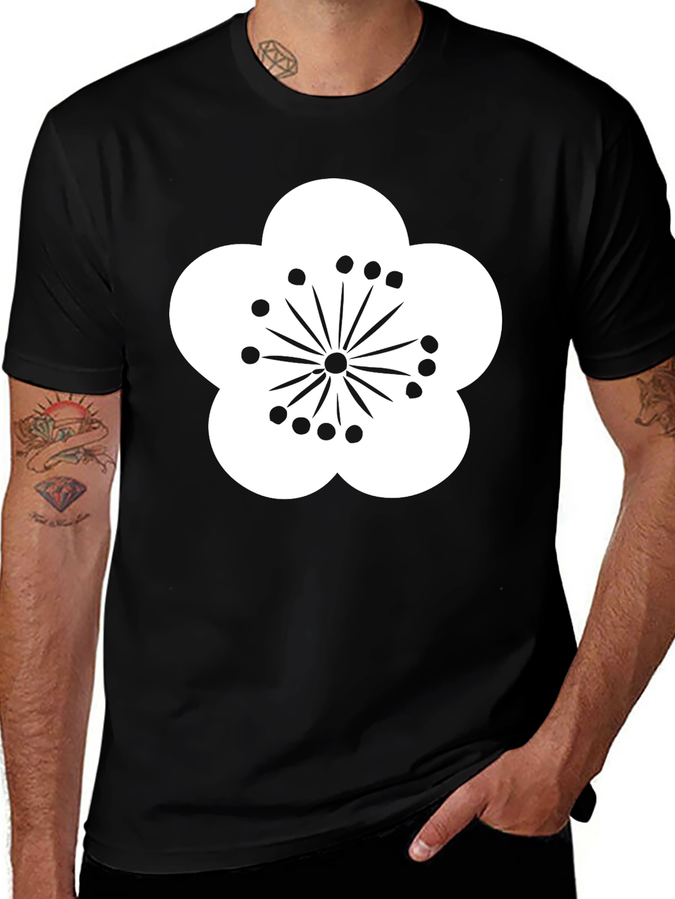 Black T-Shirt with White Flower Design